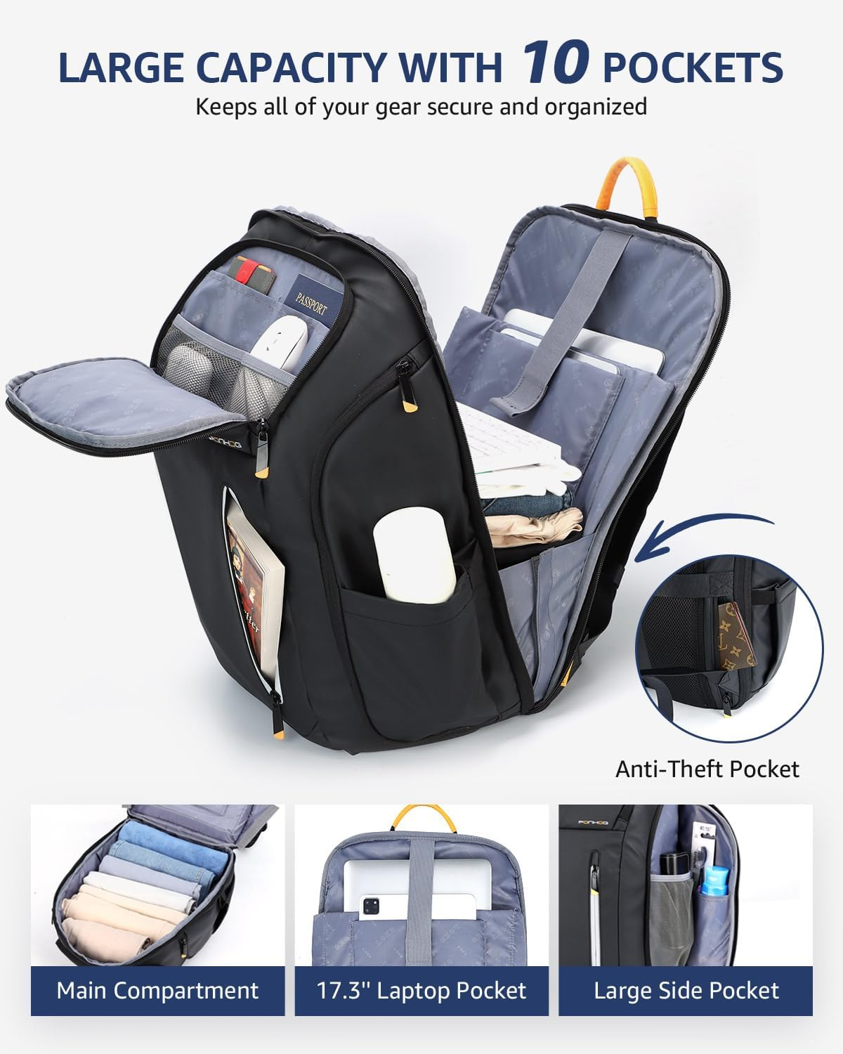 Ponhog Laptop Backpack for Men, Business Backpack with USB Charging Port anti Theft Computer Backpack image number 2