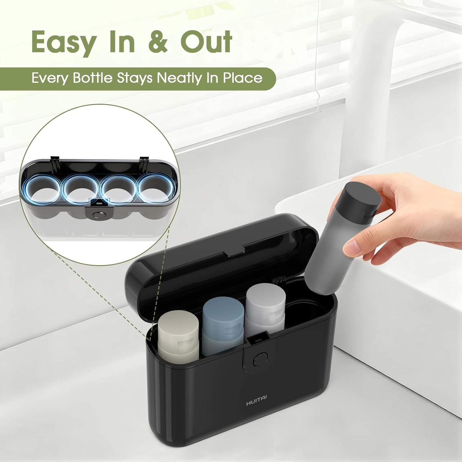 HUITAI Travel Bottles with Case, 4X2Oz TSA Approved, Leak-Proof, Press to Unlock, Compact & Portable Travel Toiletries (Black) image number 3