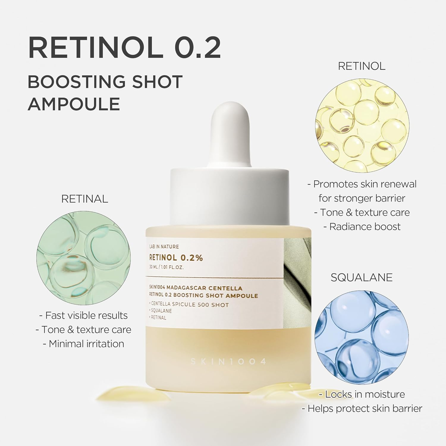 SKIN1004 Retinol 0.2% Boosting Shot Ampoule, 30Ml, Hydrating Retinol Serum for Face, Concentrated Korean Facial Spicule Serum with Retinol & Retinal, Skin Barrier Repair & Balance, Madagascar Centella, Korean Skincare