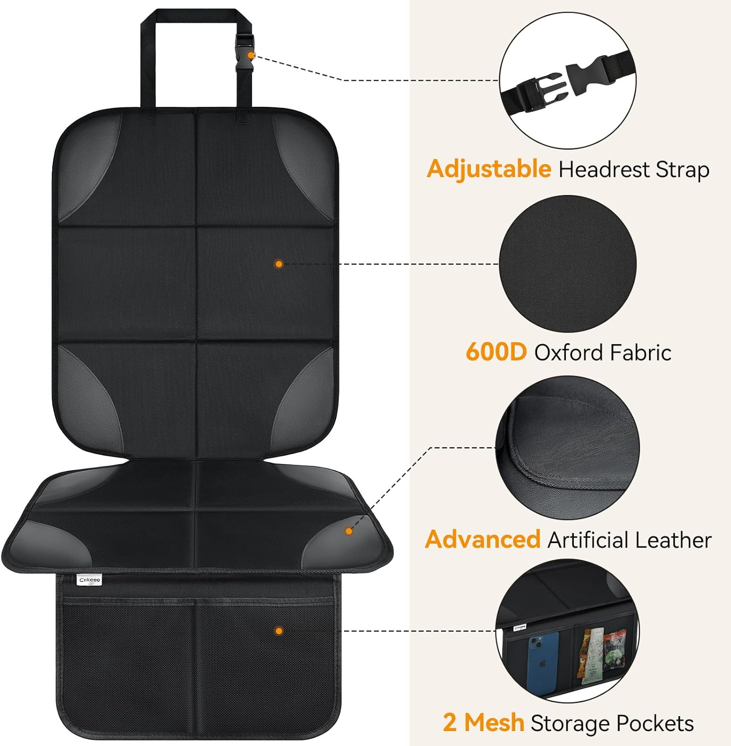 Baby Car Seat Protectors, Cnkeeo 2 Pack Seat Protectors with Leather and Fabric Padding, Non-Slip Backing with Mesh Pockets, Waterproof Seat Protectors for Vehicles Baby Pets image number 5