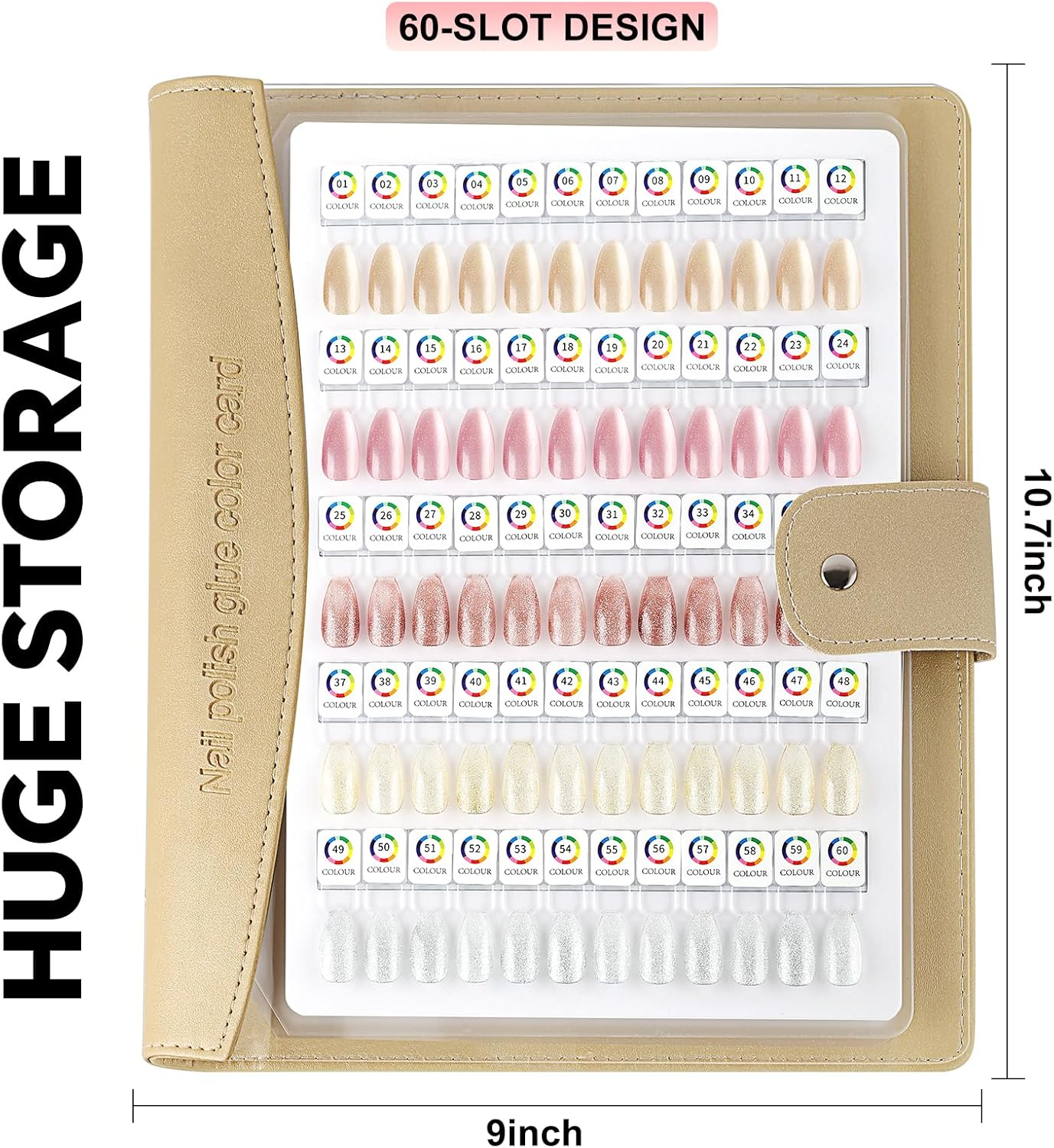 60 Magnetic Nail Swatch Book,Leather Nail Color Display Book with 72 Magnetic Tips & Number Labels,Professional Removable Page Design Nail Salon Color Book for Easy Preview & Storage Gold image number 5
