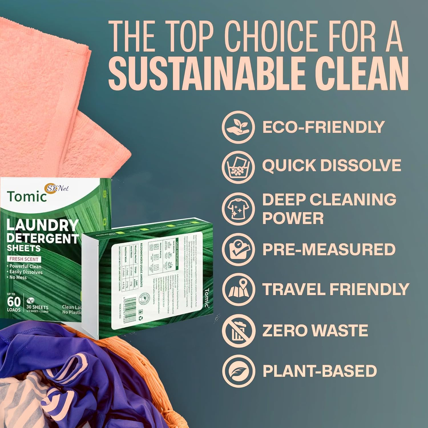 Sknet Australian Eco-Friendly Laundry Detergent Sheets -60 Loads | Plastic-Free, Biodegradable| Fresh Linen Scent |Travel-Safe & Hypoallergenic| Zero Waste, Liquidless Washing Strips|All Washer Types image number 2