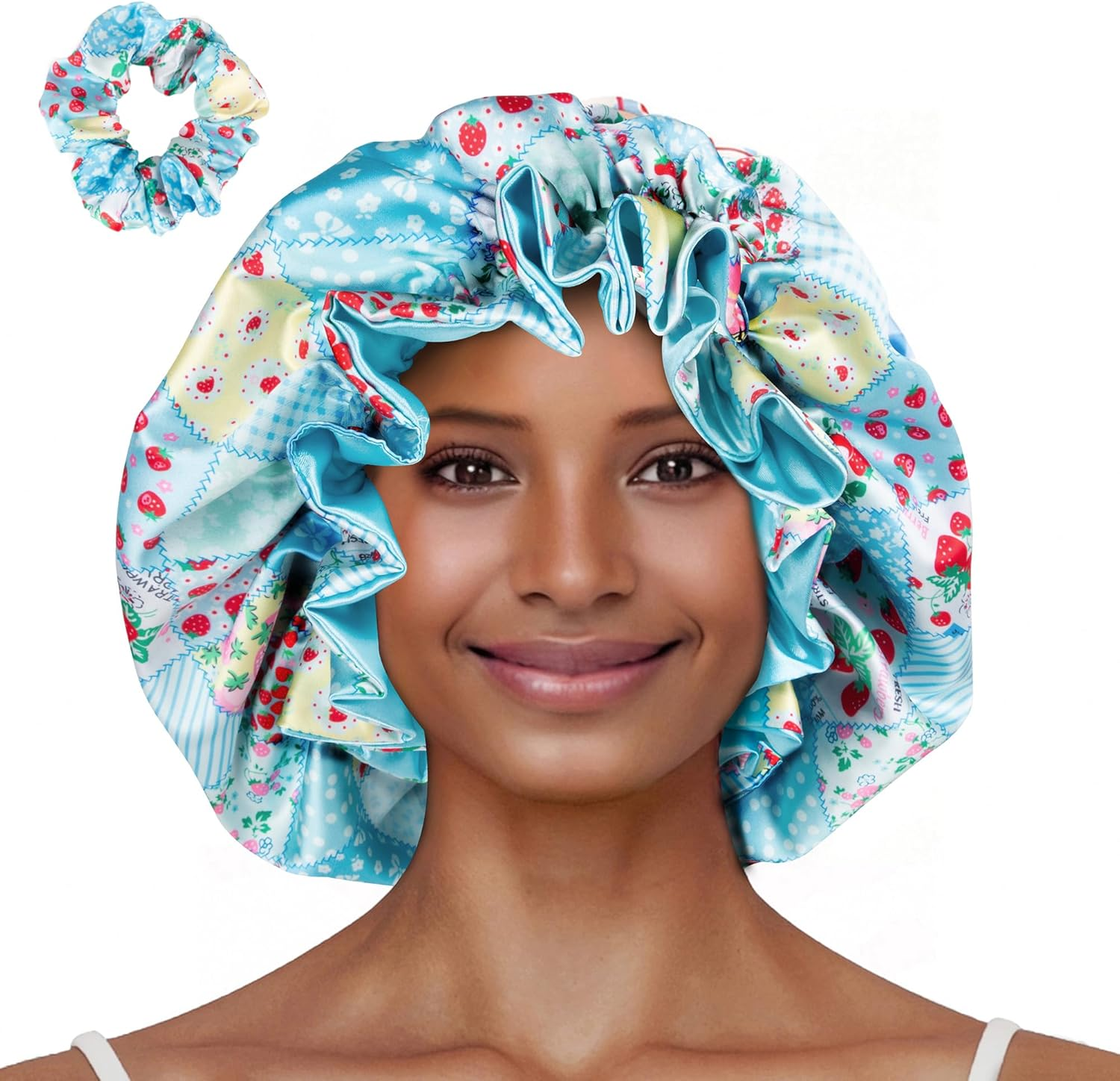 Vettres Floral Satin Bonnet with Scrunchie Set,Double Layer Ruffle Reusable Sleeping Shower Cap for Curly Hair Yellow-Strawberries