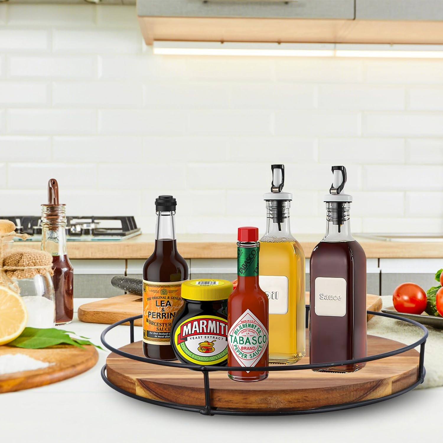 Large Turntable Spice Rack, 30Cm, Non-Slip, 360&deg; Rotating Wood Pantry Cupboard Organiser, round Display Tray, Kitchen Storage Organisation for Bathroom Countertop Cabinet Fridge Table image number 6