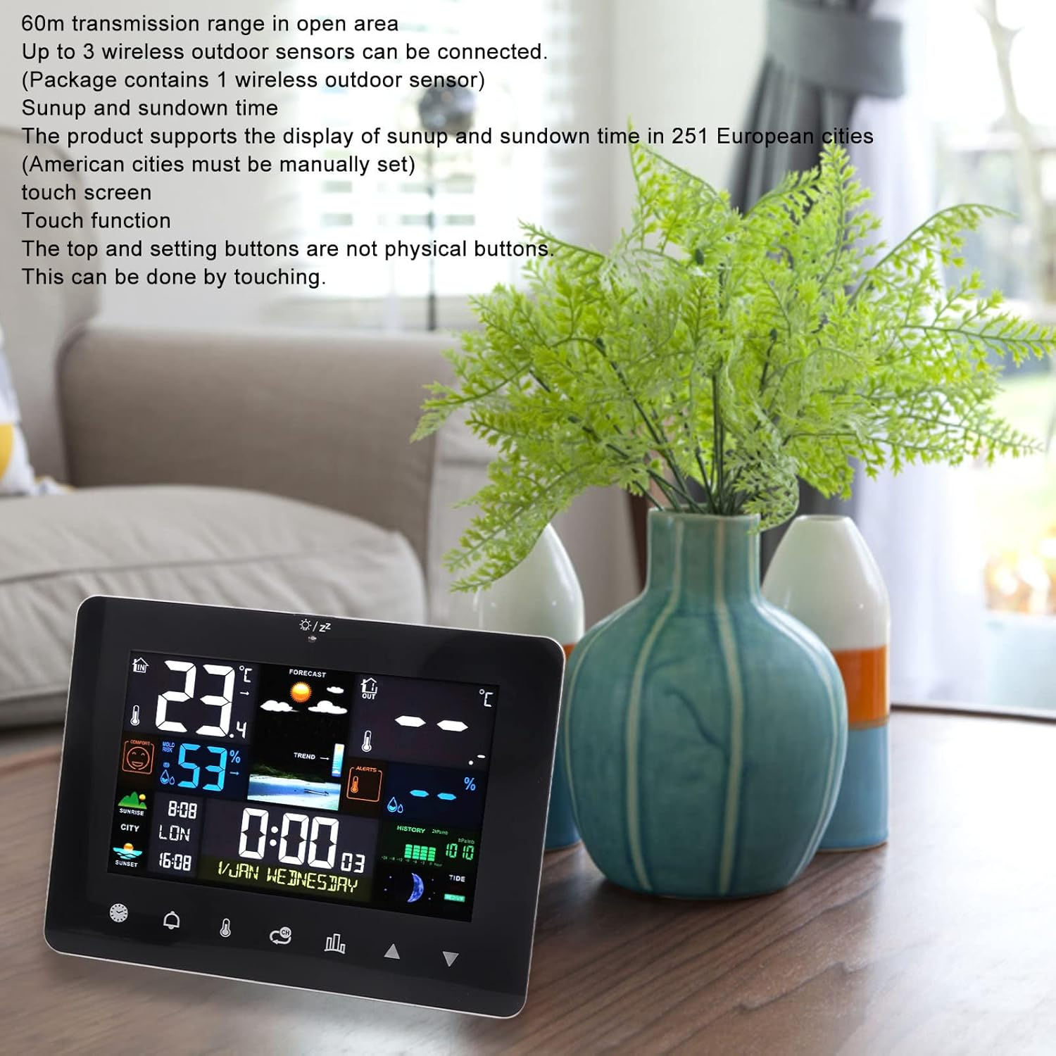 Home Wireless Indoor Outdoor Thermometer, Digital Weather Monitor with Color Touch Screen, Wireless Weather Station Thermometer for Indoor and Outdoor Use image number 6