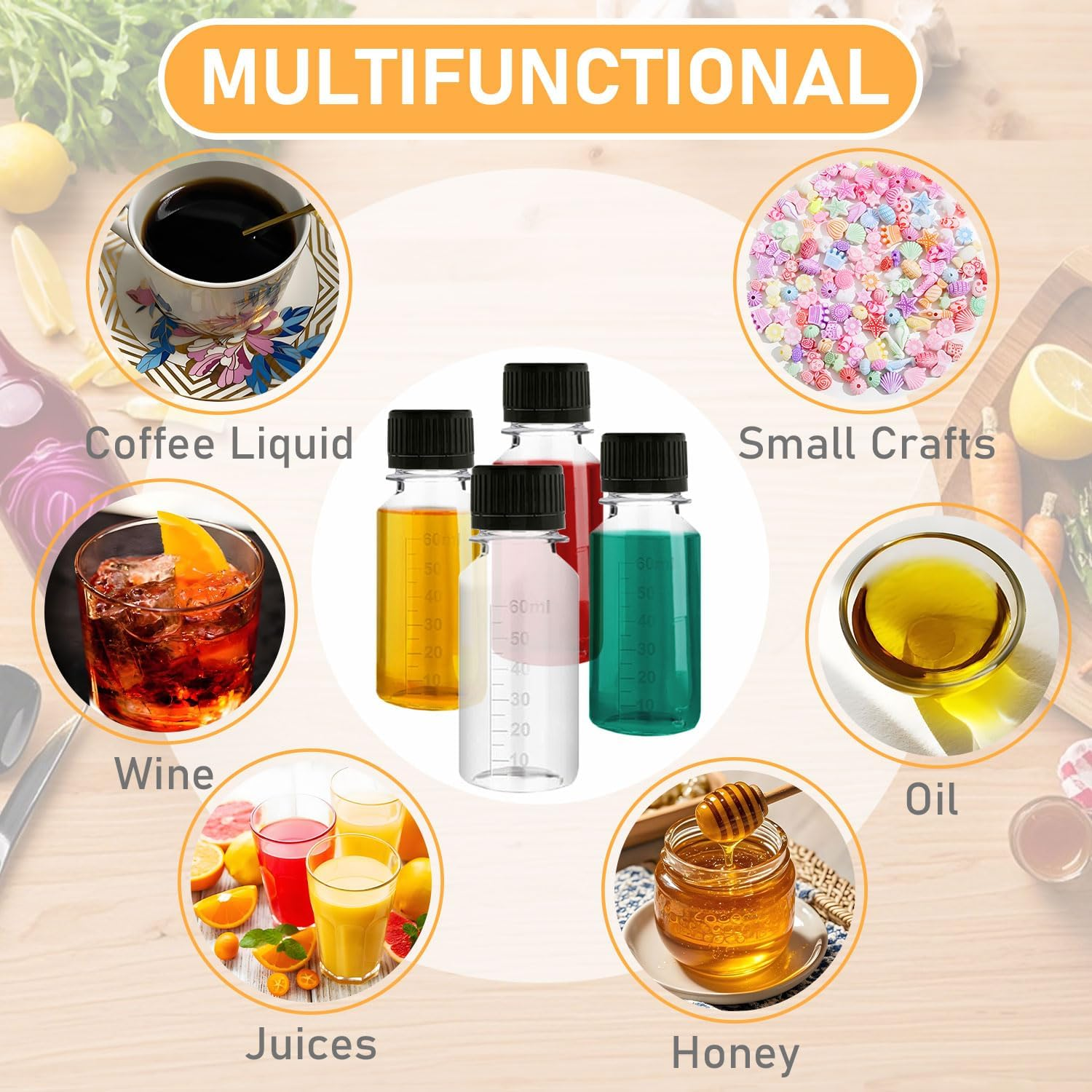 45 Pcs Mini Liquor Bottles, 2Oz Mini Empty Plastic Alcohol Shot Bottles, Plastic Flasks with Black Lid, 48 round Stickers, 2 Funnels and 1 Cleaning Brush, Suitable for Weddings, Parties, Camping image number 5