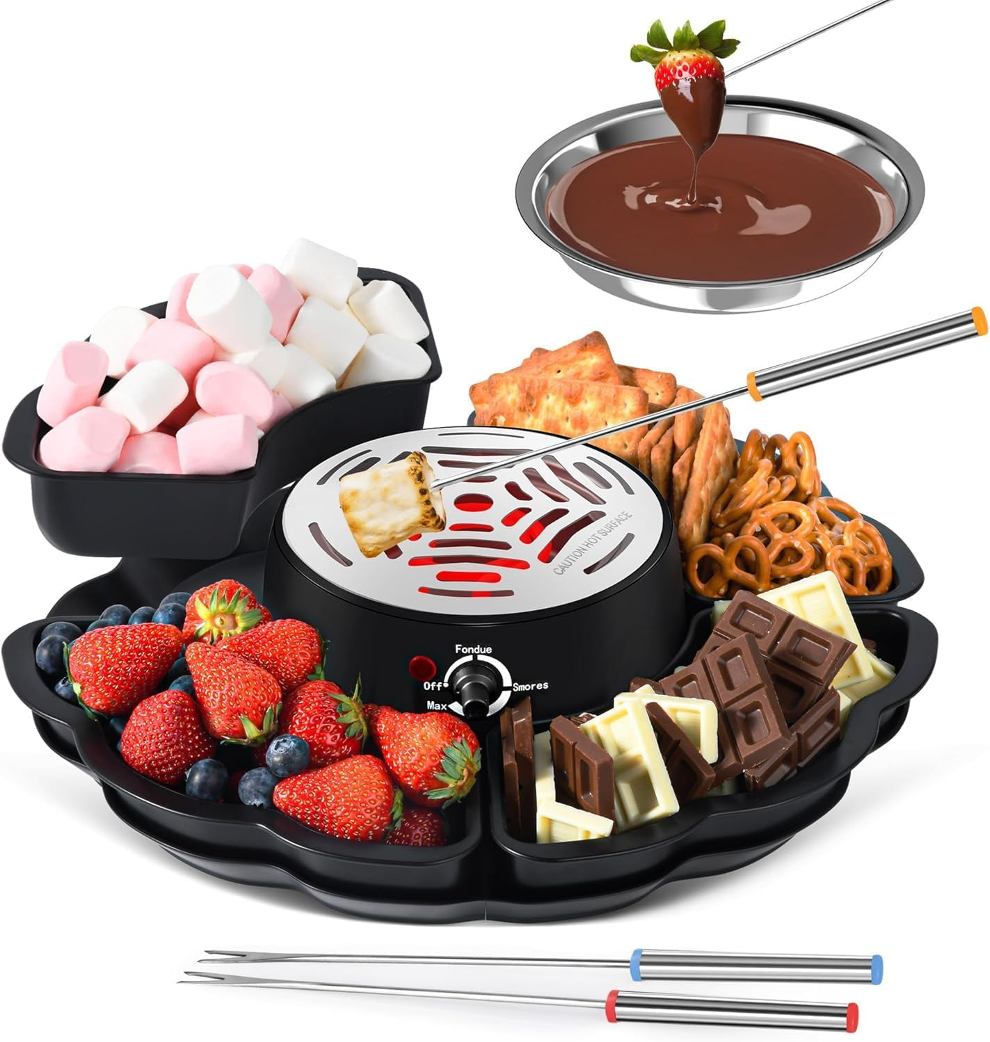 2 in 1 Electric S&rsquo;Mores Maker & Fondue Pot, Tabletop Indoor Smores Kit with 4 Roasting Forks, 4 Detachable Trays & 1 Flameless Temperature-Controlled Heater, Movie Night Supplies & Housewarming Gifts image number 1