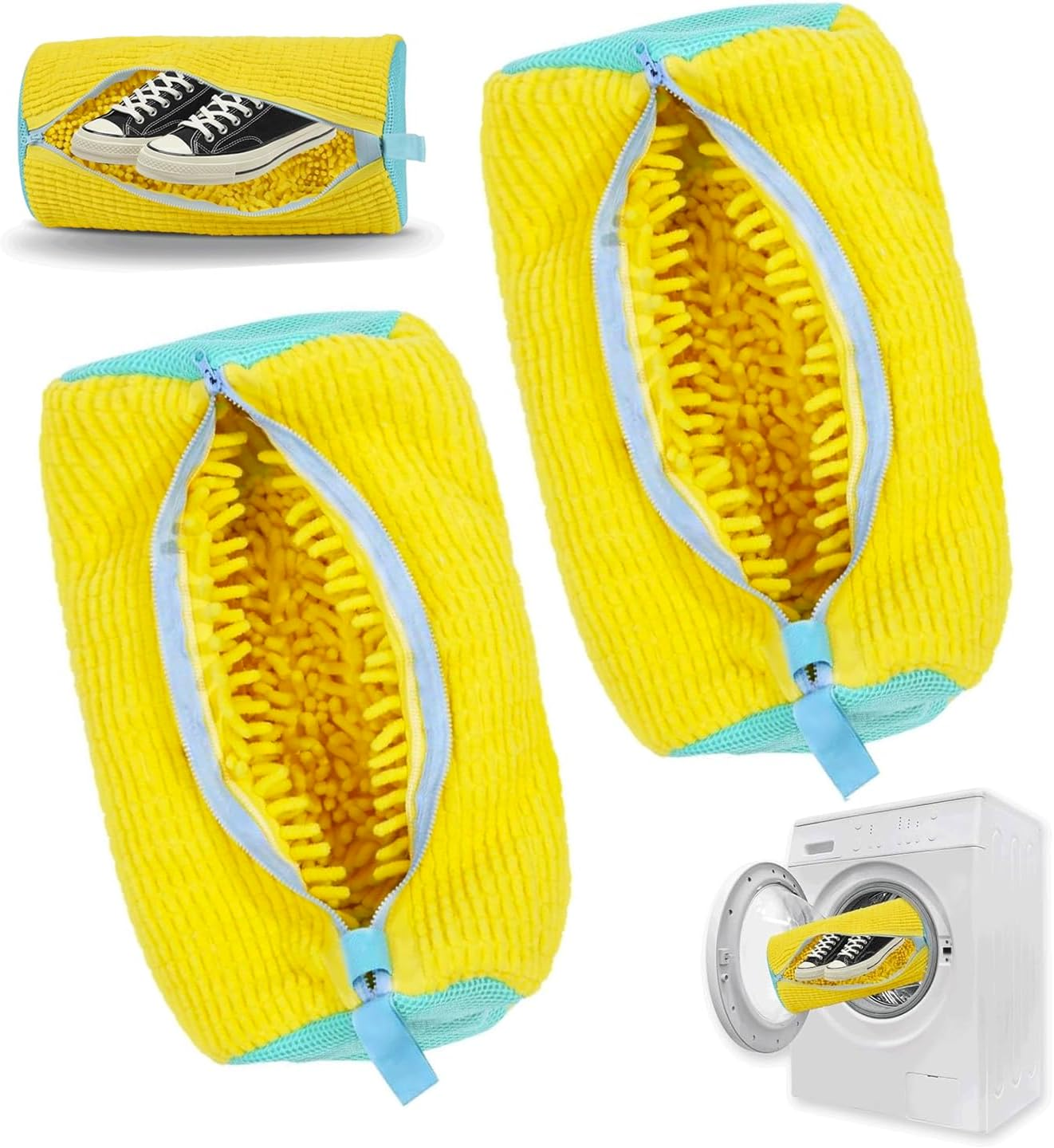 Chamgeco 2PCS Shoe Washing Machine Bag, Large Laundry Shoe Bag for Washer and Dryer, Reusable Shoe Cleaning Bags for Sneakers, Tennis & Gym Shoes, 360&deg; Wrap-Around Cleaning (Yellow, 2PCS)