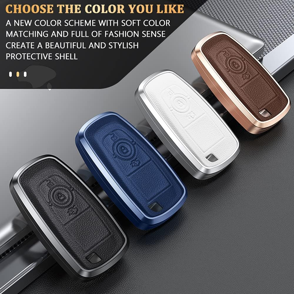 Ontto Alu Alloy Car Key Fob Cover Keyring Fit for Ford Fusion Mustang Explorer F150 F250 F350 Ranger Mondeo Leather Remote Key Case Key Holder Keychain Accessories 3 Buttons Black image number 2