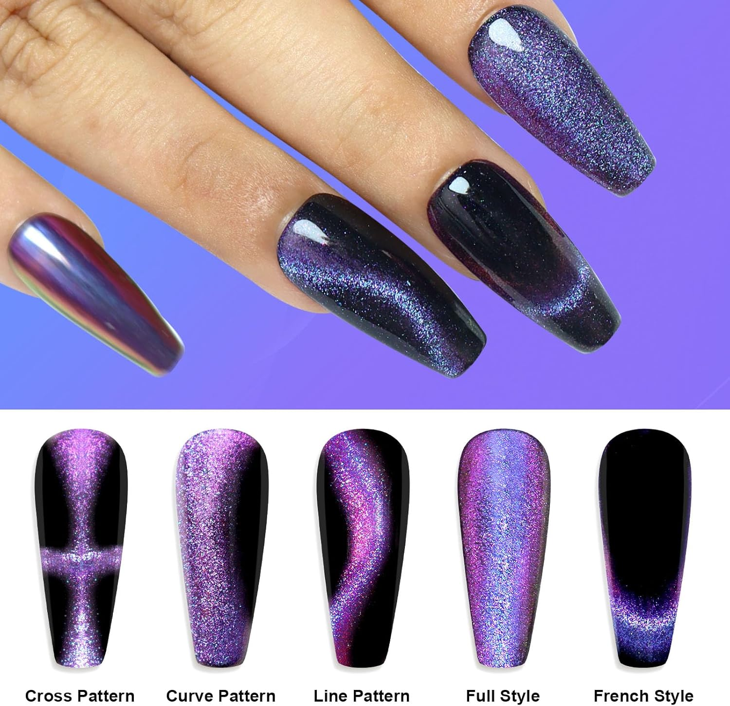 Cat'S Eye Chrome Nail, Chameleon Magnetic, 9D Cat'S Eye Mirror Effect Pigment, Magic Galaxy Holographic Effect Glitter (Including Magnetic Stick, Suitable for Velvet Nail Art (Blueish Purple) image number 6