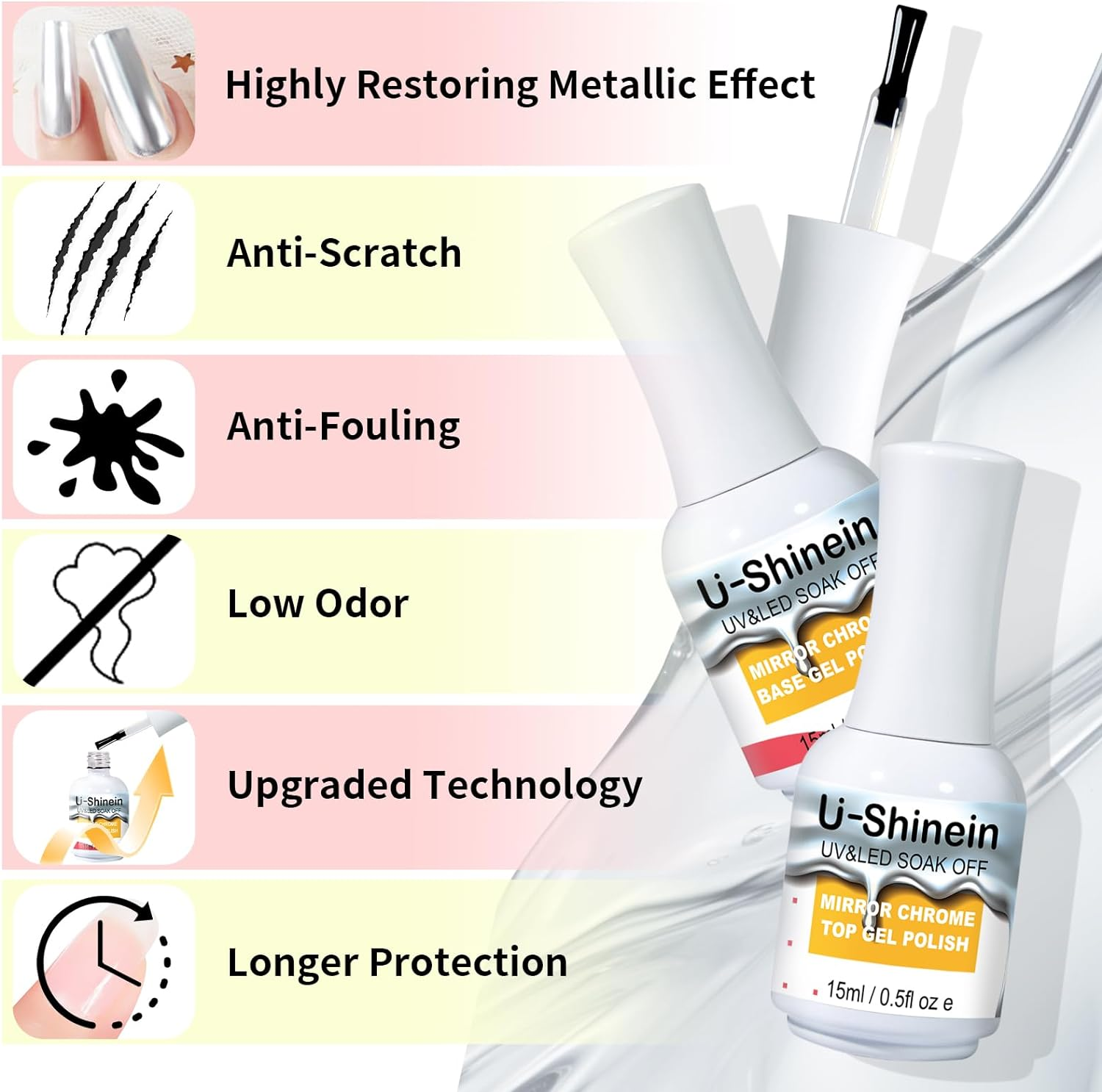 15Ml Base Coat for Metallic Painting Gel, No Wipe Base Gel Polish for Metallic Gel Nail Polish, Chrome Nail Polish, Chrome Nail Powder, Mirror Nail Gel, Easy to Make Mirror Chrome Effect image number 3