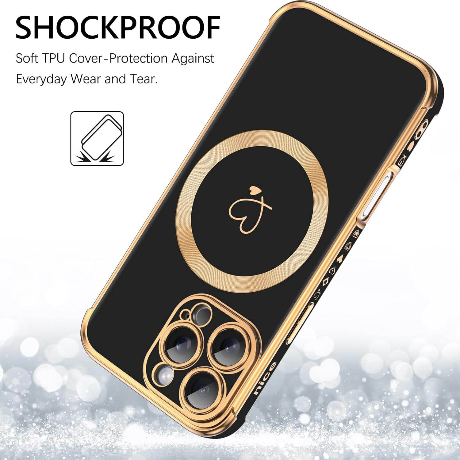 GUAGUA Magnetic Case for Iphone 16 Pro,[Compatiable with Magsafe] Soft TPU Gold Plating Cover Women Girl Drop Protection & 4 Corners Shockproof Stylish Phone Cover, Black image number 3