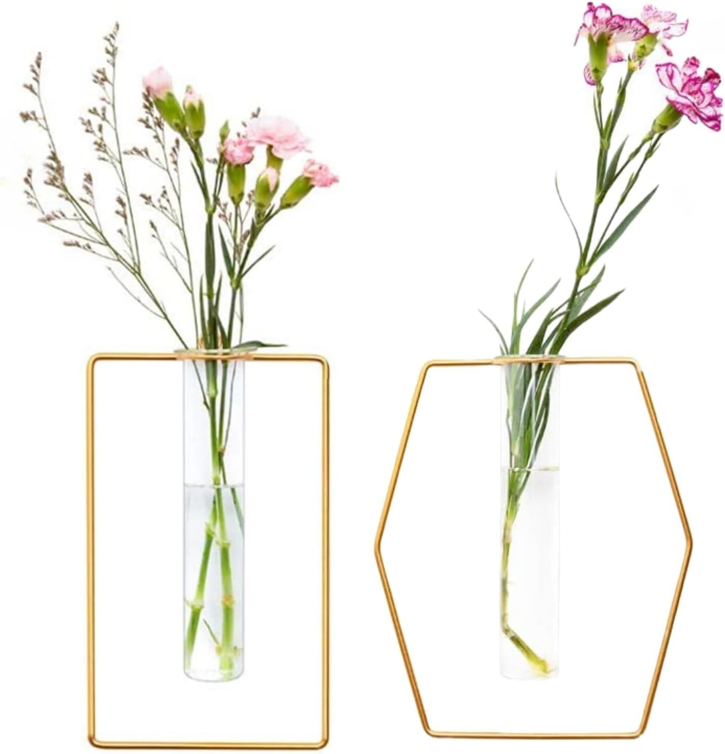 2 Pack Nordic Wall Vase Hanging Geometric Gold Flower Vase Wall Mount Metal Frame Vases Hydroponic Glass Bud Vase Decor for Home Wedding Farmhouse
