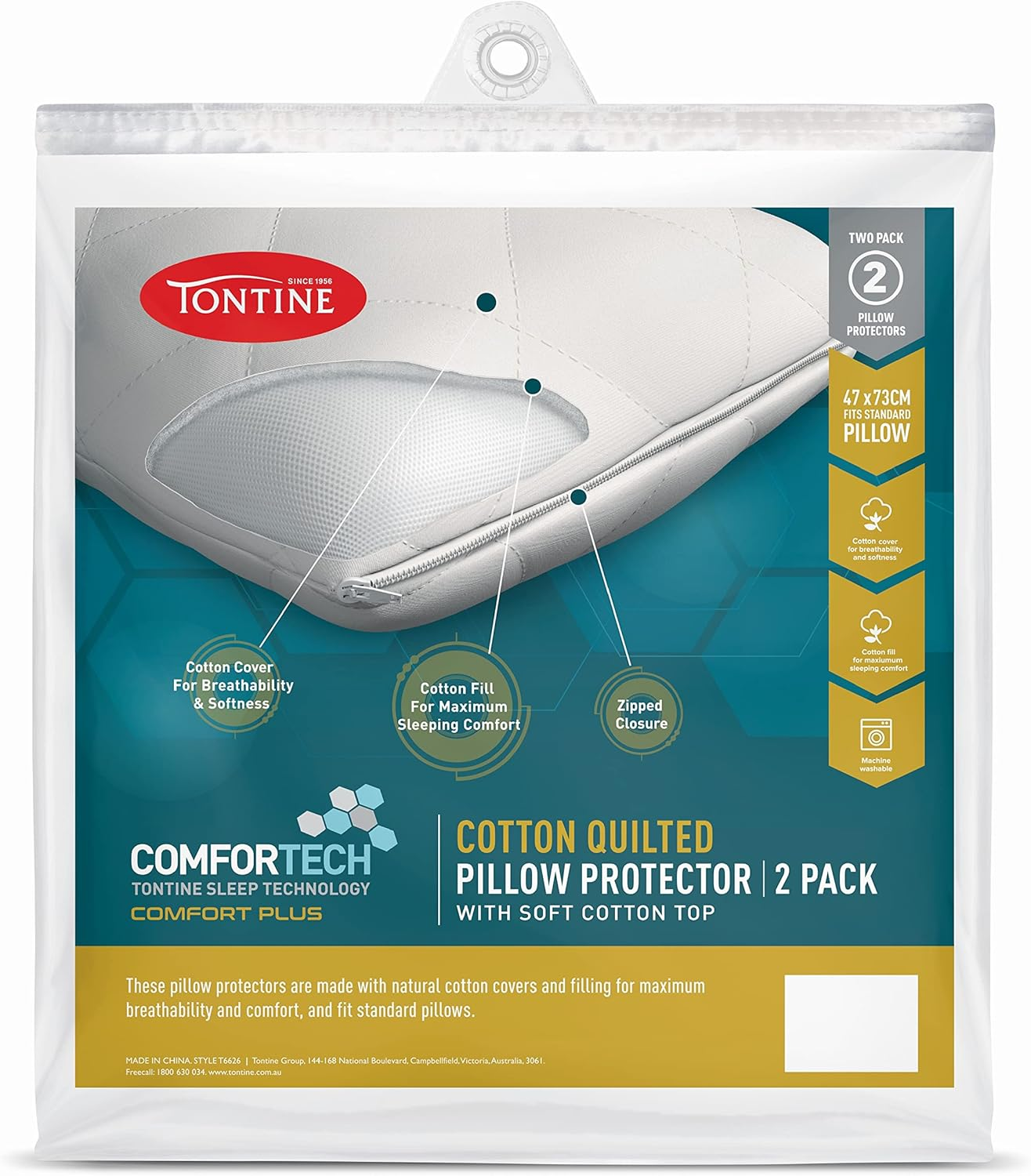 Australian Made Fully Fitted Cotton Quilted Mattress Protector Machine Washable (All Size) (Queen) & Tontine Comfortech Cotton Quilted Pillow Protector, White, Pack of 2 image number 4