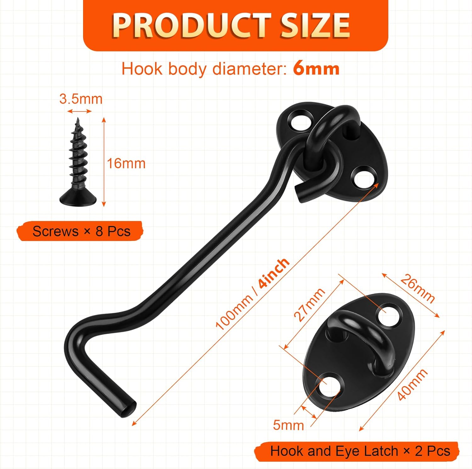 2 Pack Hook and Eye Latch, 4 Inch Black Cabin Hooks Stainless Steel Eye Gate Latch Easy Lock, Sliding Door Hooks Barn Door Catch Hardware with Screws for Outdoor Garden Shed Patio Window Wooden Gates image number 6
