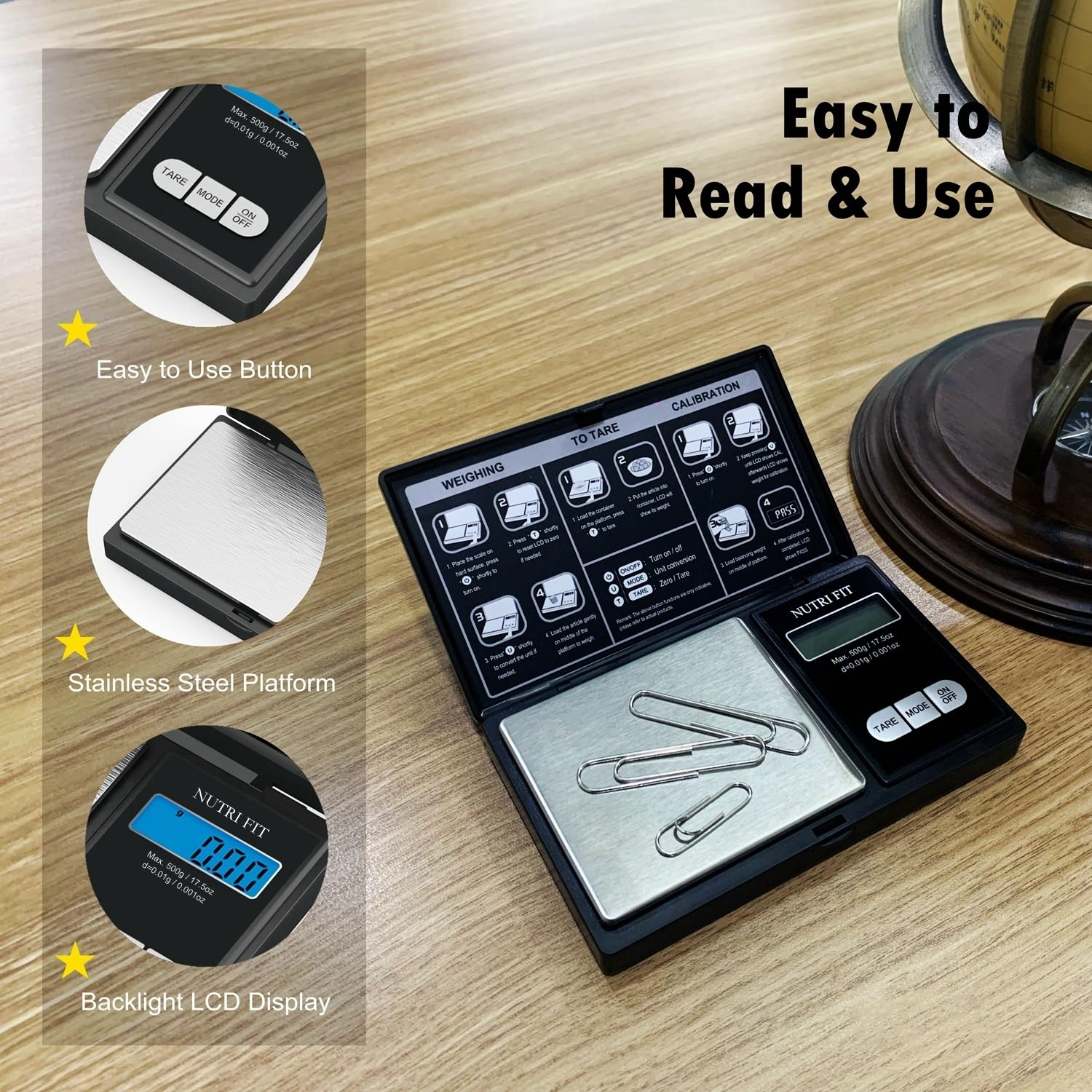 NUTRI FIT Gram Scale Digital Scale 0.01G Accuracy, 500G Small Pocket Scale Jewelry Scale, Weight for Food Ounces and Grams Kitchen Scale, Mg Scale for Powder Medicine Gold Weed, Portable image number 4