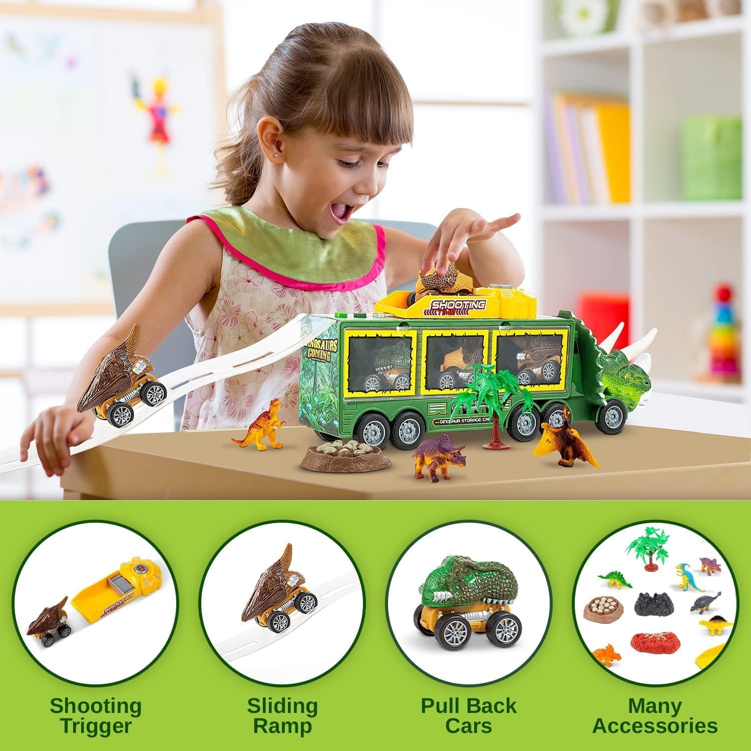 CKIKH Dinosaur Truck with 12 Small Dinosaurs and 3 Pull Back Cars Small Cars Set Birthday Toys for 3+ Year Old Boy Transport Carrier Truck for Toddlers over 3 Years (Green)