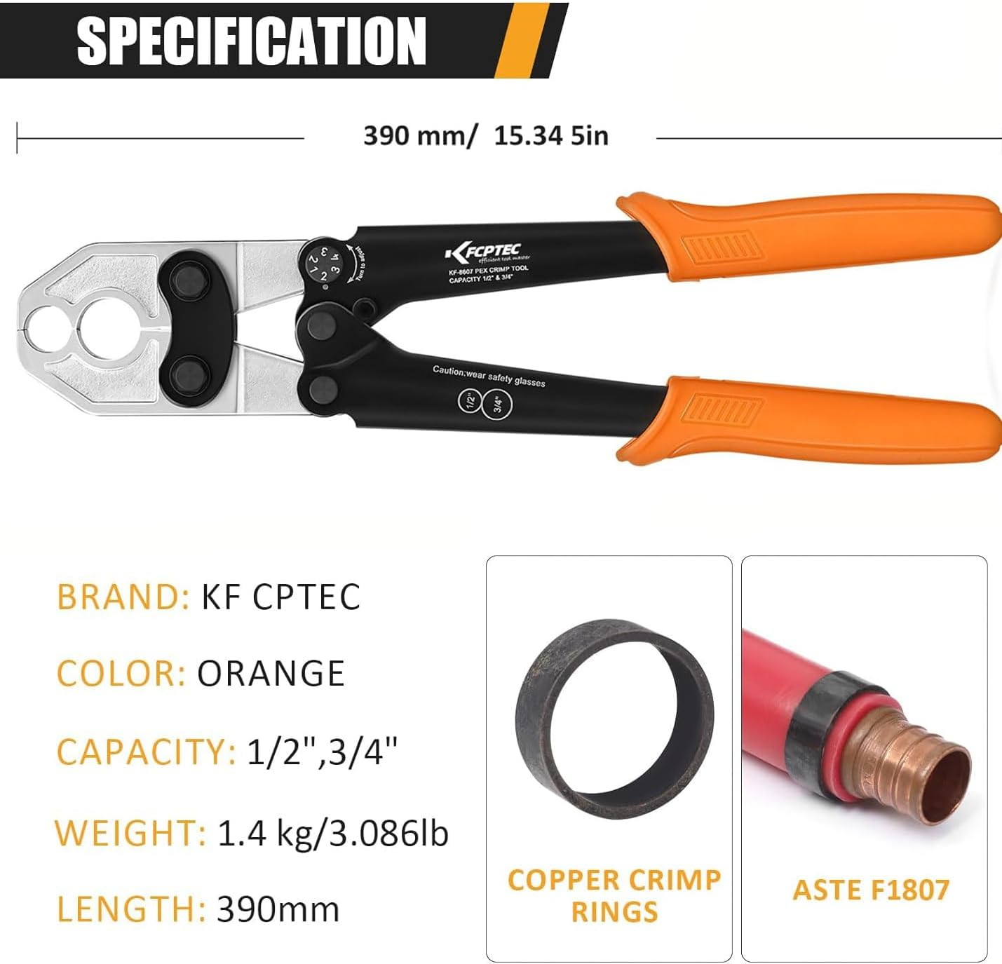 KF CPTEC 1/2" & 3/4" PEX Crimping Tool with Go/No-Go Gauge, Suitable for Copper Crimp Rings, Complies with ASTM F1807 Standard