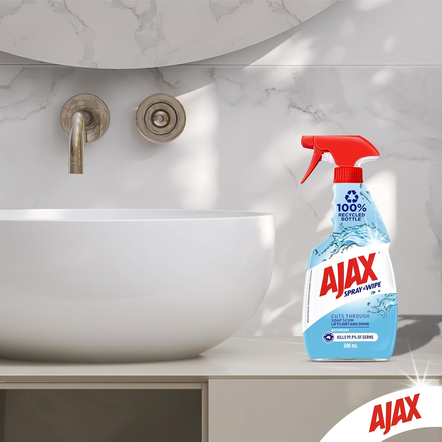 Ajax Spray N' Wipe Bathroom Antibacterial Disinfectant Cleaner Trigger, 500Ml, Fresh Burst Surface Spray, Soap Scum Remover image number 6