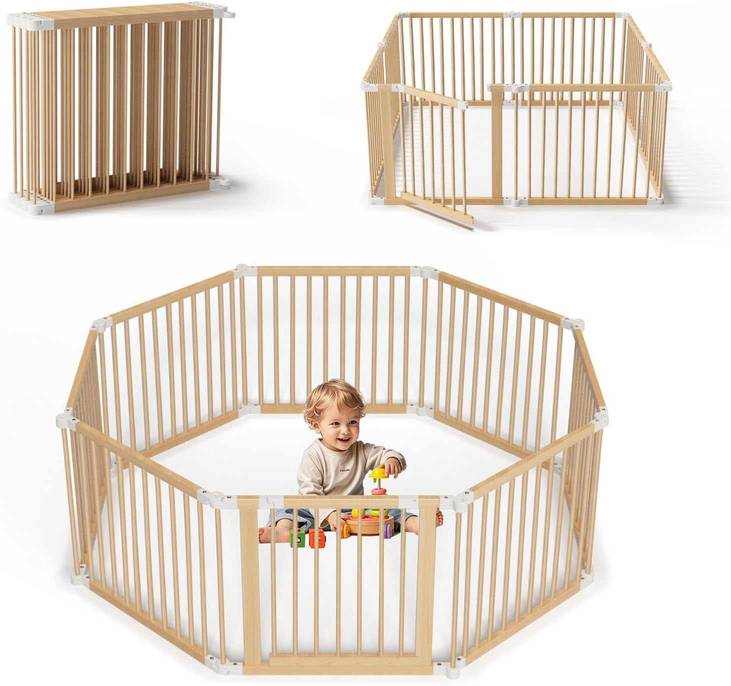 Folding Wooden Baby Playpen, Large Size Adjustable Baby Playard for Babies and Toddlers with Safety Gate, Play Fence for Indoor or Outdoor