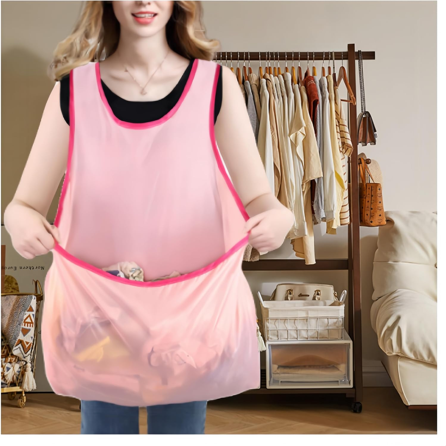 Ai-Oumleef Apron Portable, Waterproof, Large Pocket, Sleeveless, Clothes Drying, Pink, Unisex-Adults, Kitchen/Gardening/Home Utility image number 2