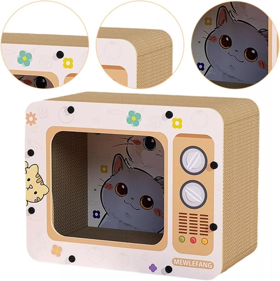 Retro TV Mog Scratcher, Cardboard Pussy Lounge, Eco-Friendly Paperboard Cat Scratching, Cute Style Moggy for Kittens Claws and Sleeping Space image number 5