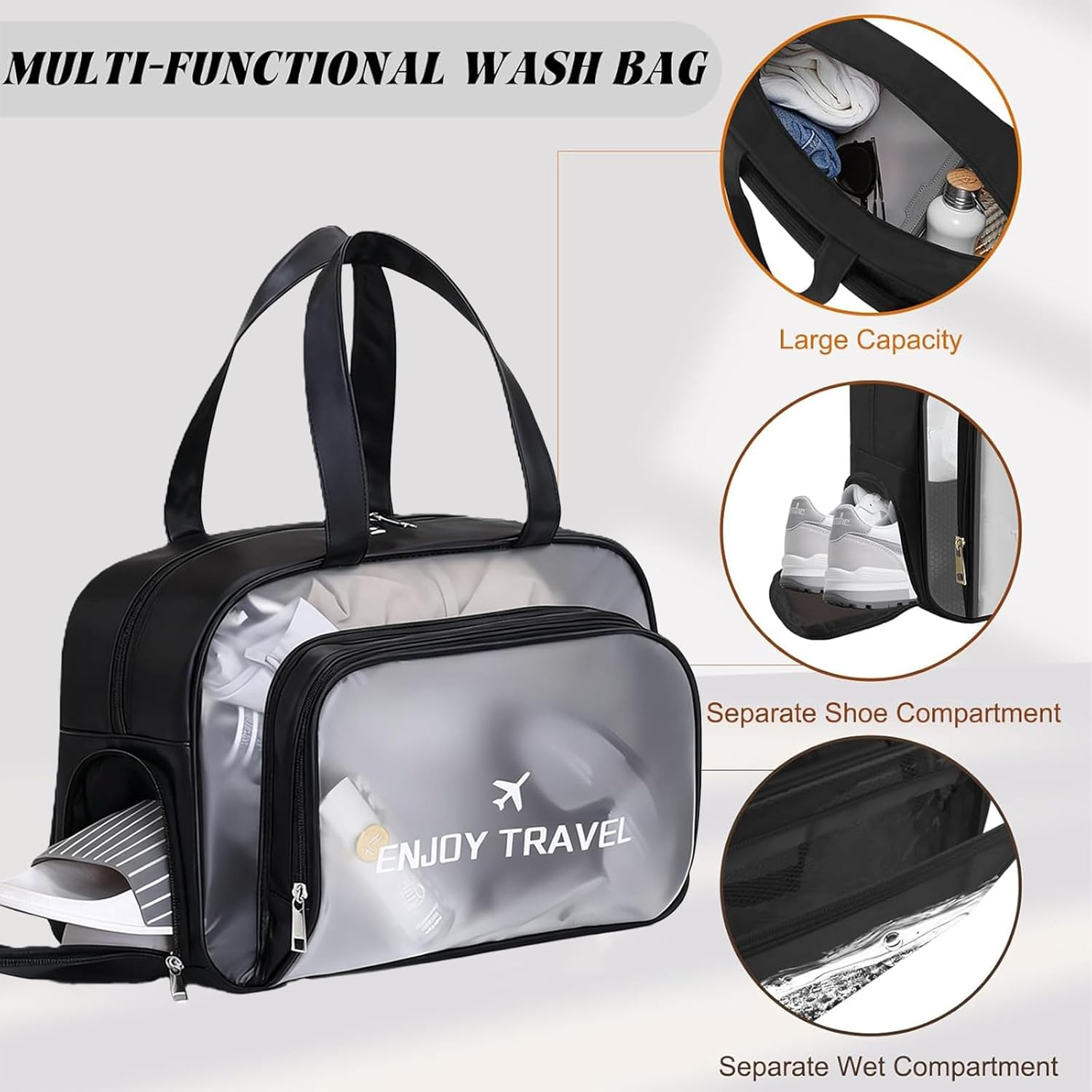 Clear Toiletry Bag - Large Waterproof Transparent Makeup & Wash Bag with Shoe Compartment & Wet Pocket | Travel Organiser for Aussie Holidays, Beach & Gym（Black）