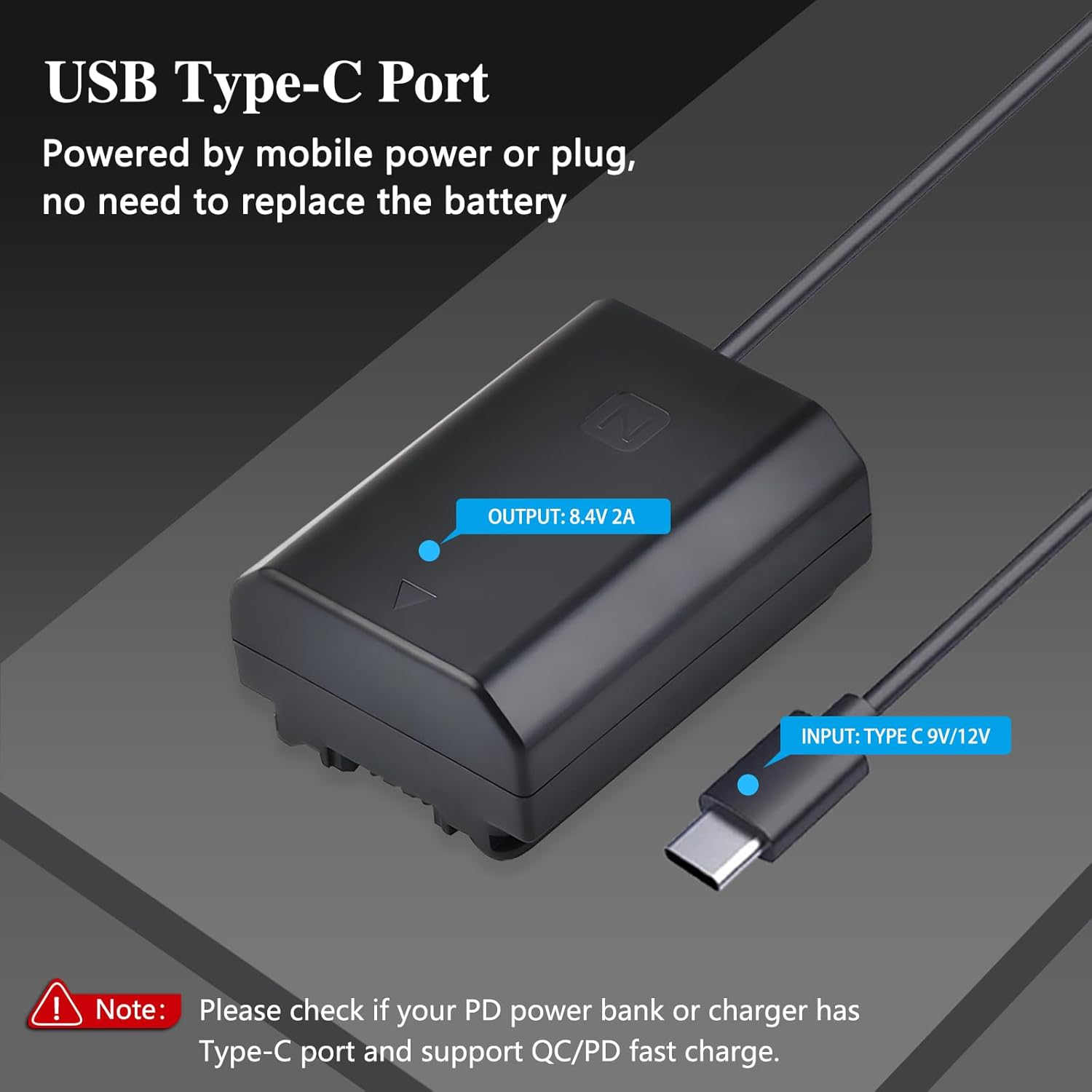 Tectra USB-C to NP-FZ100 Dummy Battery, Continuous Power Supply for Sony ZV-E1, A7 III, A7 IV, A7S III, A7R III, A7R IV, A7R V, A7C,A1, A9, A9 II, A6600, A6700, FX3, FX30 Cameras image number 1