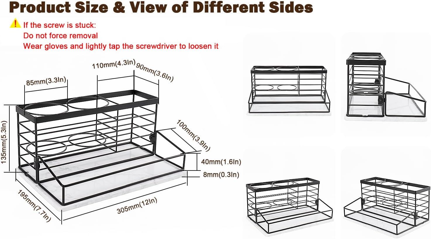Siyzda Hair Tool Organizer, Movable Hair Dryer Holder, Hair Styling Tools Storage for Vanity, Bath Counter Organizer, Bathroom Trays for Hair Toiletry, Makeup (12" L&times;7.7" W, Marble-Black) image number 3
