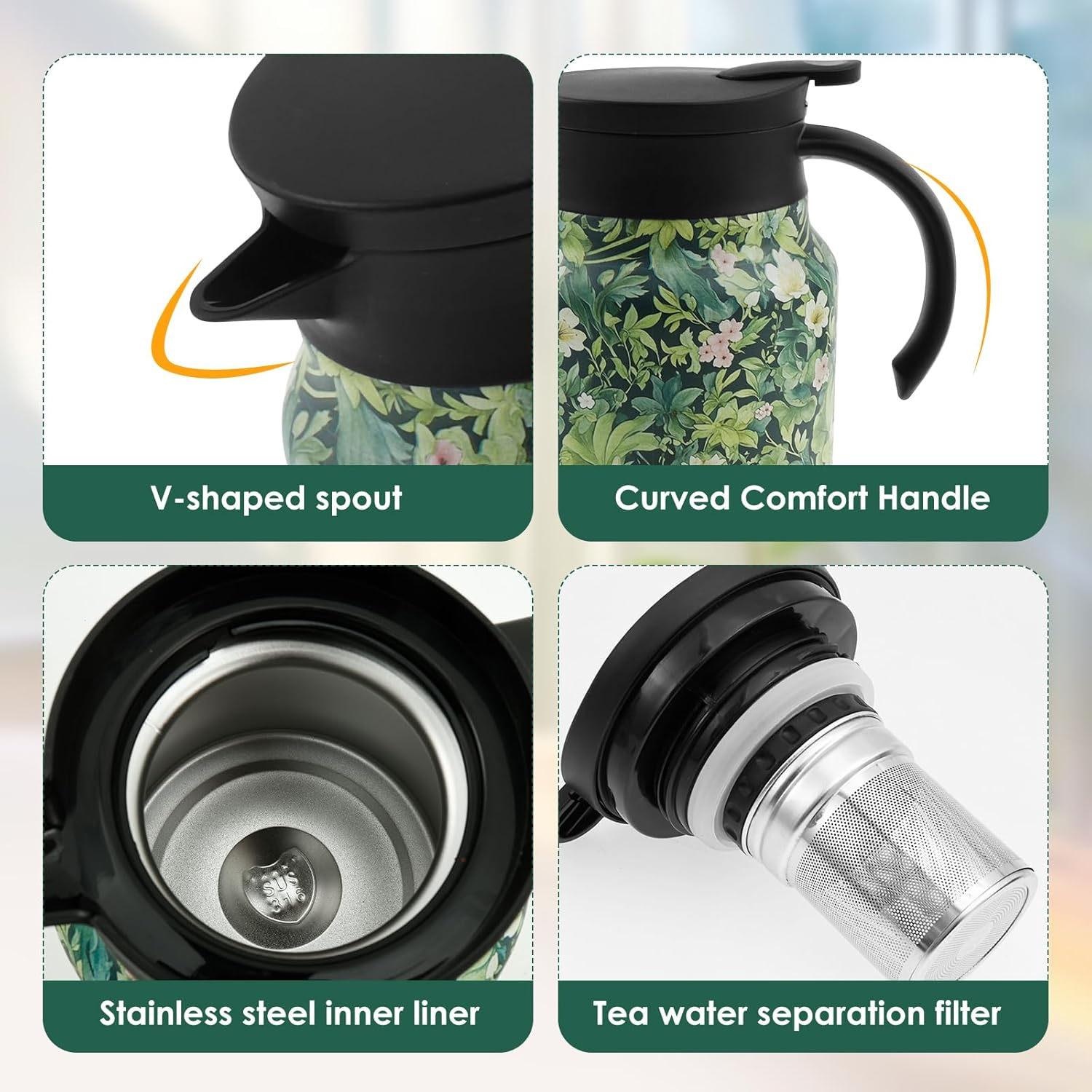 Vintage Floral Pattern Tea Thermos, 1000Ml Thermos Tea Pot, Vintage Floral Pattern Tea-Built-In Infuser, Stainless Steel Insulated Tea Kettle, Household Insulated Teapot Tea Pot Kettle for Home Office image number 2