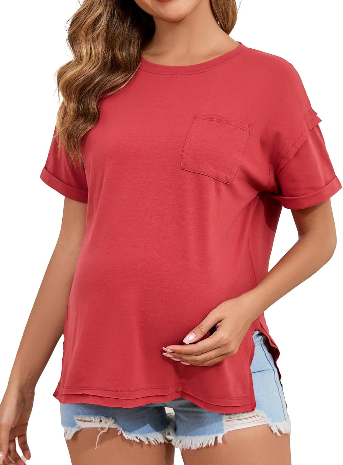Ecavus Women'S Maternity T-Shirt Oversized Short Sleeve Loose Fit Cotton Blend Pregnancy Top Casual Wear image number 2