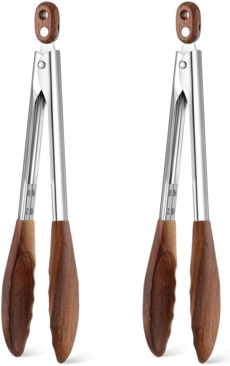 2 Pack Walnut Wooden Kitchen Tongs for Cooking with Wooden Tips - Tongs Ideal for BBQ, Salad, Toaster, Bread & Pickles - Made of Natural Walnut Wood(12 Inch) image number 4