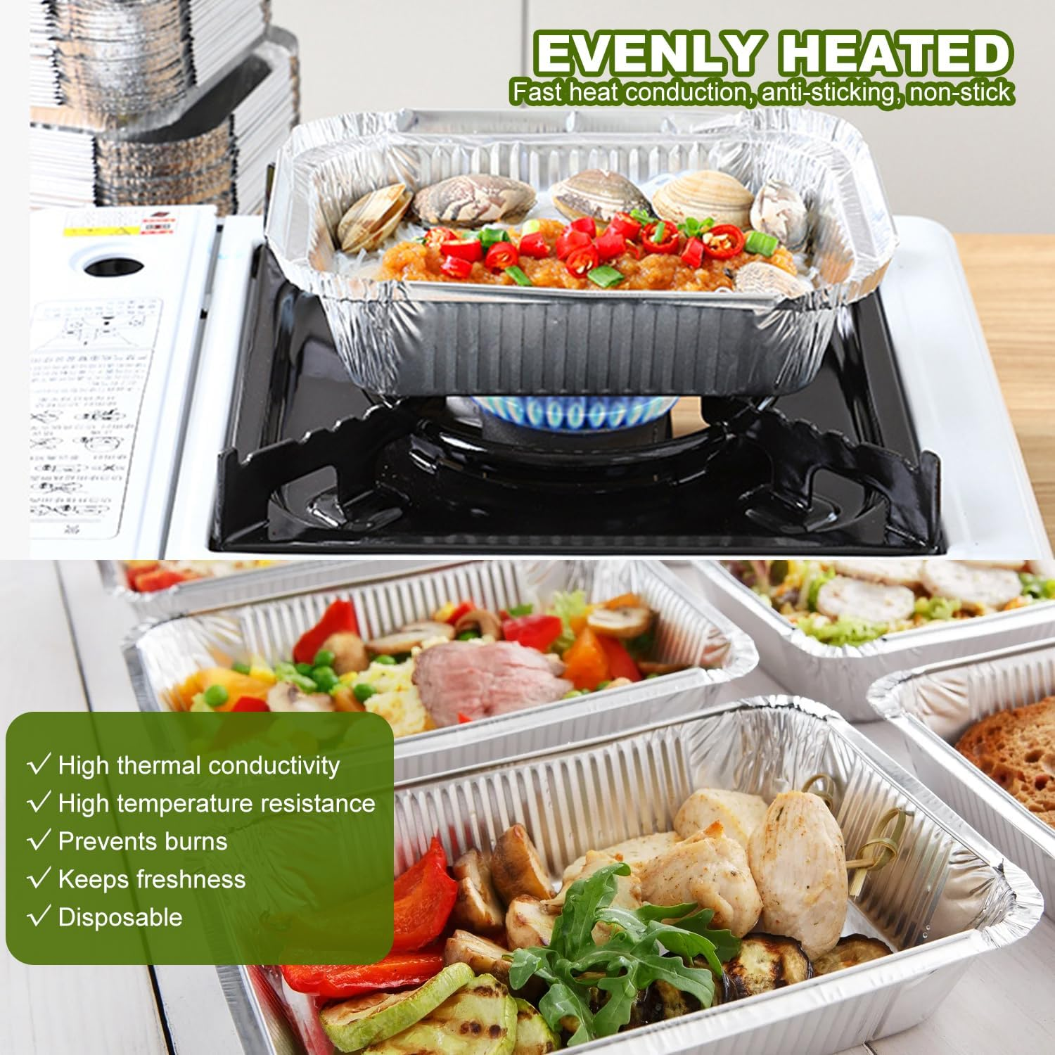 60Pcs Foil Trays with Lid, 21X14X5Cm Aluminium Foil Pan Foil Food Containers- Disposable Food Containers Takeaway Box BBQ Oven Baking for Cooking, Heating,Baking, Meal Prep and Freezer,Takeout image number 5