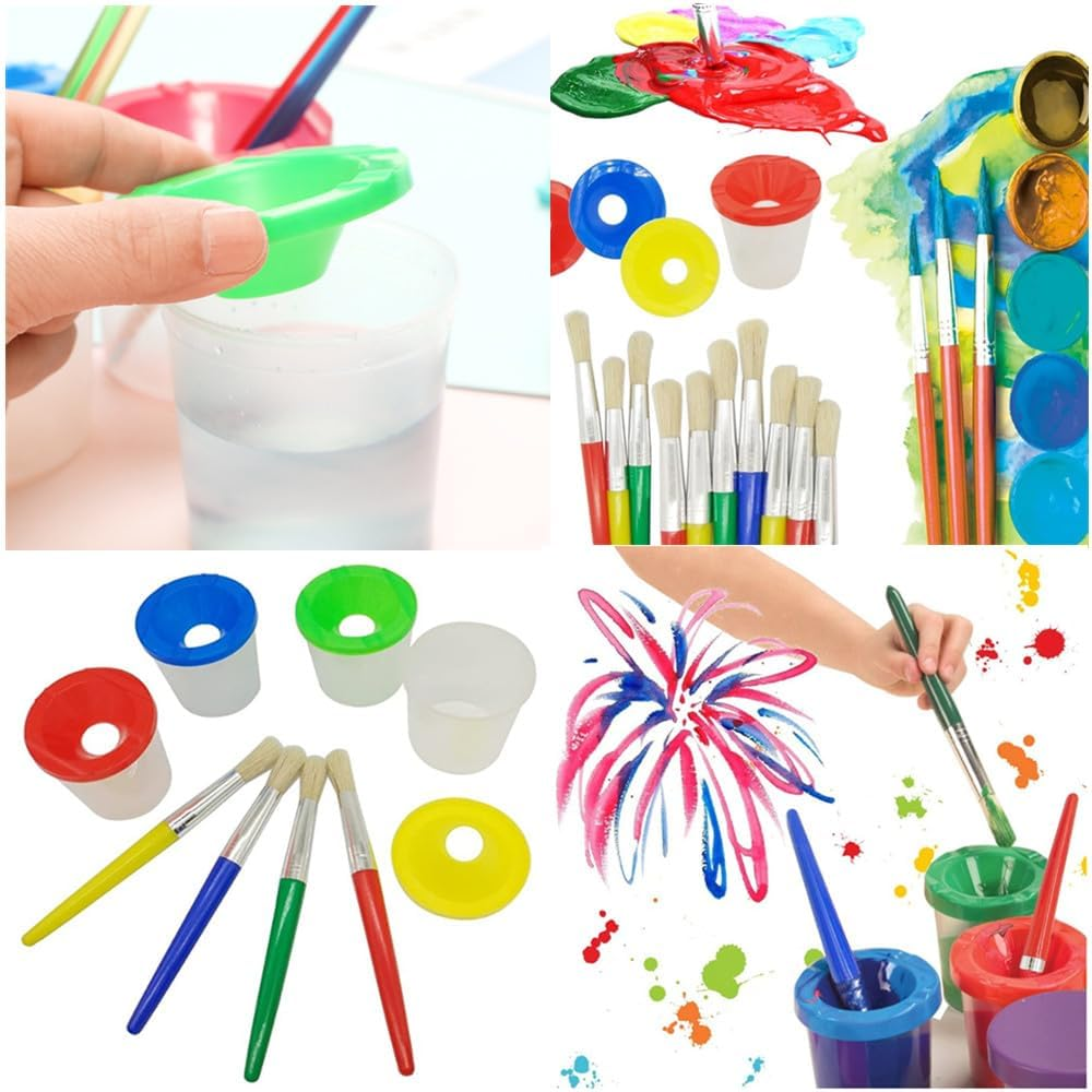 Colorful Paint Cups with Brushes, Granmagazz 4 Pack No Spill Paint Cups with Lids, No Spill Paint Cups Set, Spill Proof Paint Cups with Brushes for Art Craft Painting Class image number 4