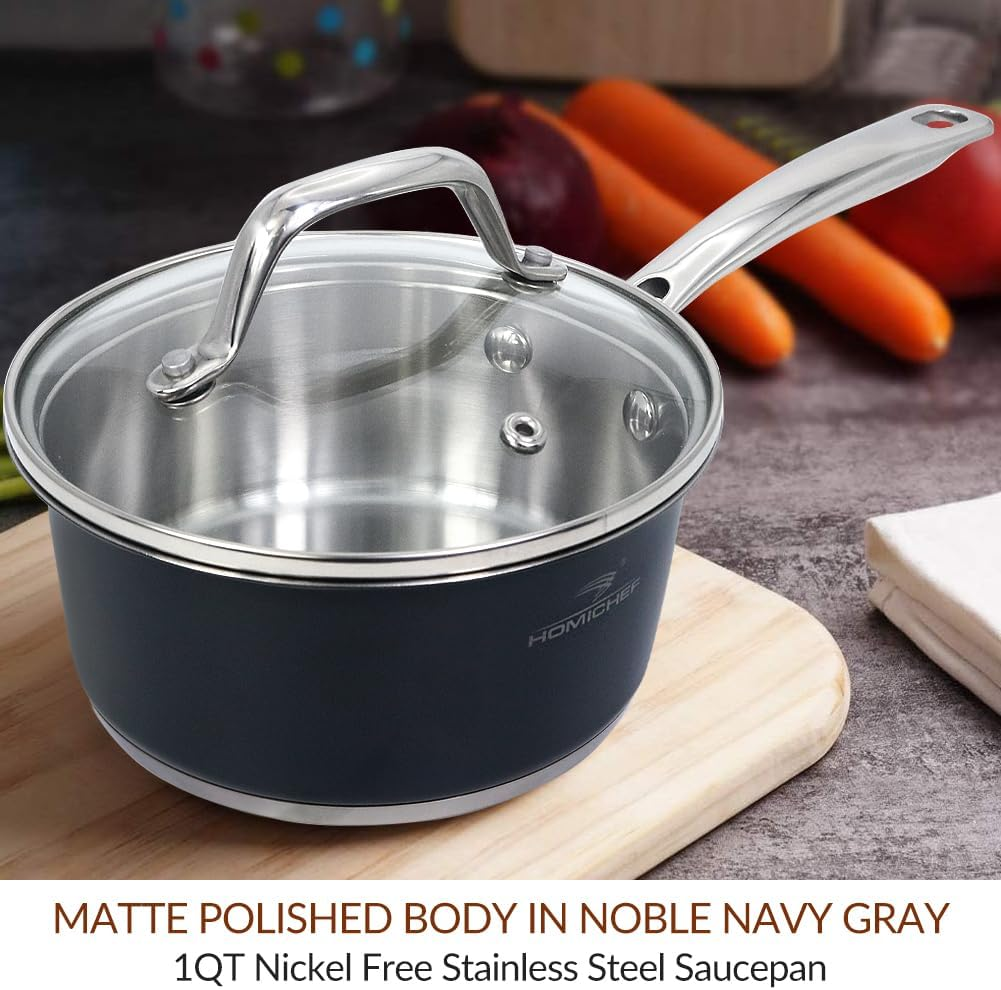 HOMICHEF Matte Polished Navy Gray Nickel Free Stainless Steel 0.95 L Saucepan with Glass Lid (No Toxic Non Stick Coating) - Small Saucepan Induction Pan with Lid - Elegant Non Toxic Cookware image number 3