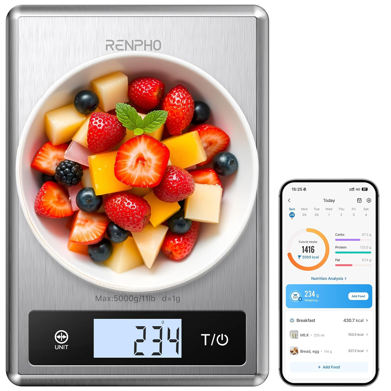 RENPHO Digital Food Scale, Kitchen Scale for Baking, Cooking and Coffee with Nutritional Calculator for Keto, Macro, Calorie and Weight Loss with Smartphone App, Stainless Steel image number 3