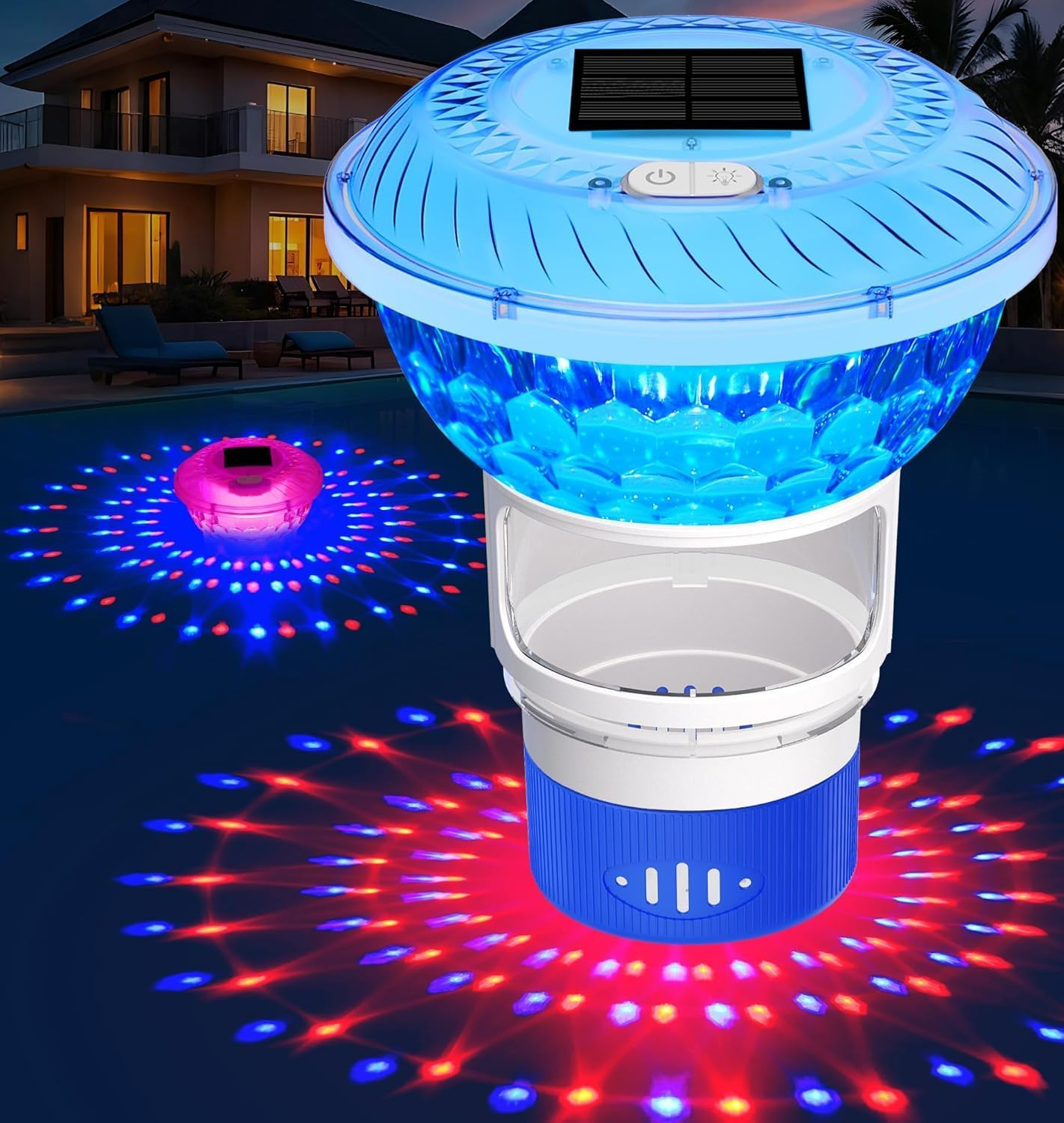 2025 Upgrade Solar Pool Chlorine Floater with Colorful Light Show, Easy Opening, Buttons Control Floating Chlorines Dispenser for Pool, Adjustable Flow Chlorines Floaters, Hot Tub Chlorines Floaters