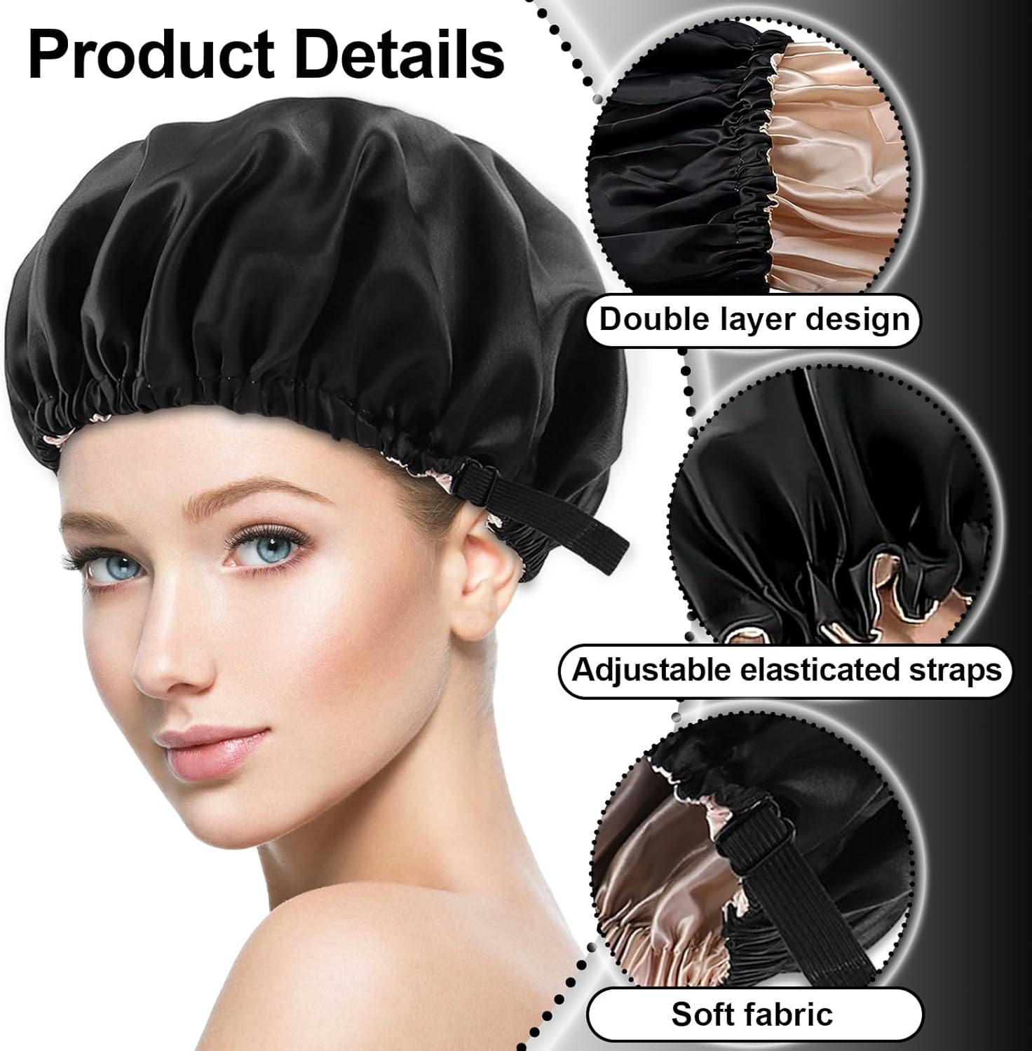 Satin Bonnet, Adjustable Double Layered Satin Cap, Satin Sleep Hair Cap for Women Girls Shower, Sleeping (Black) image number 1