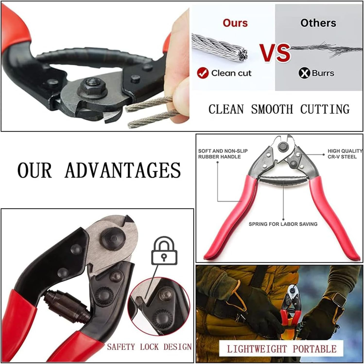 JCZD Cable Cutter Wire Rope Heavy Duty Stainless Steel Wire Cutters Wire Rope Cutter for up to 5/32" Hard Steel Cable Wire Rope and Bike Spring Wire image number 5