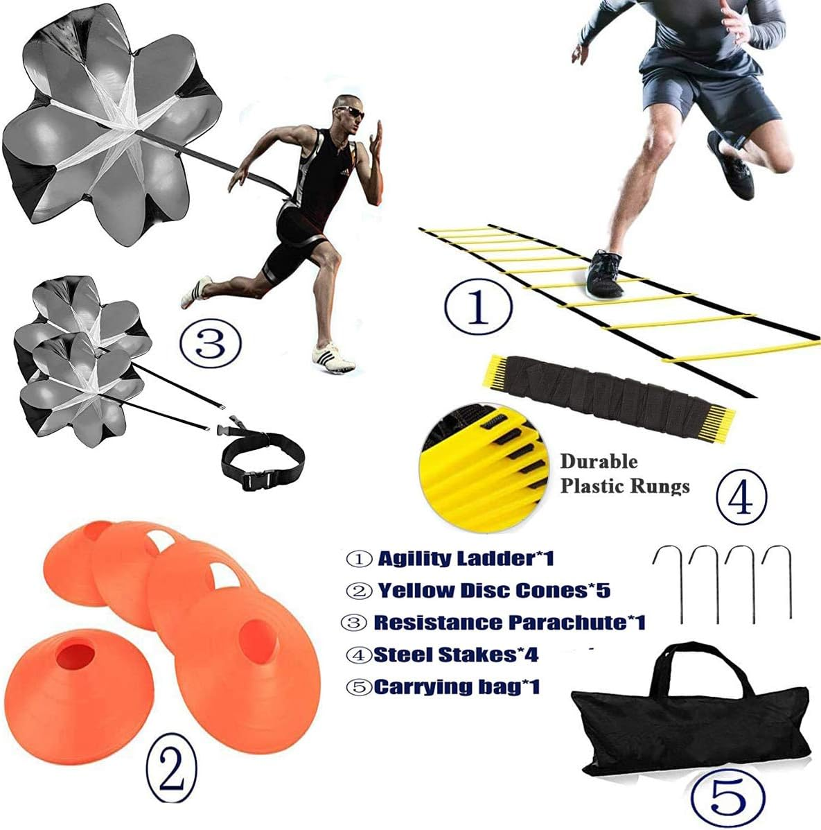 XINXIANG Speed Agility Training Kit-Includes Agility Ladder, 5 round Training Cones,Resistance Parachute, 4 Metal Stakes & Carrying Bag, Football Ladders for Faster Footwork and Better Movement Skills image number 3