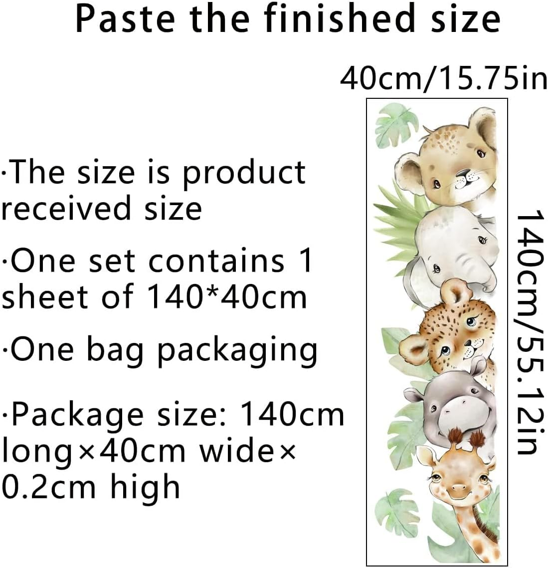 Clothmile 55.1 X 15.7 Inch Watercolor Jungle Animal Wall Decals Forest Animal Wall Sticker Elephant Tiger Giraffe Wall Decals for Kids Baby Nursery Playroom Bedroom Classroom Kindergarten Wall Decor image number 3