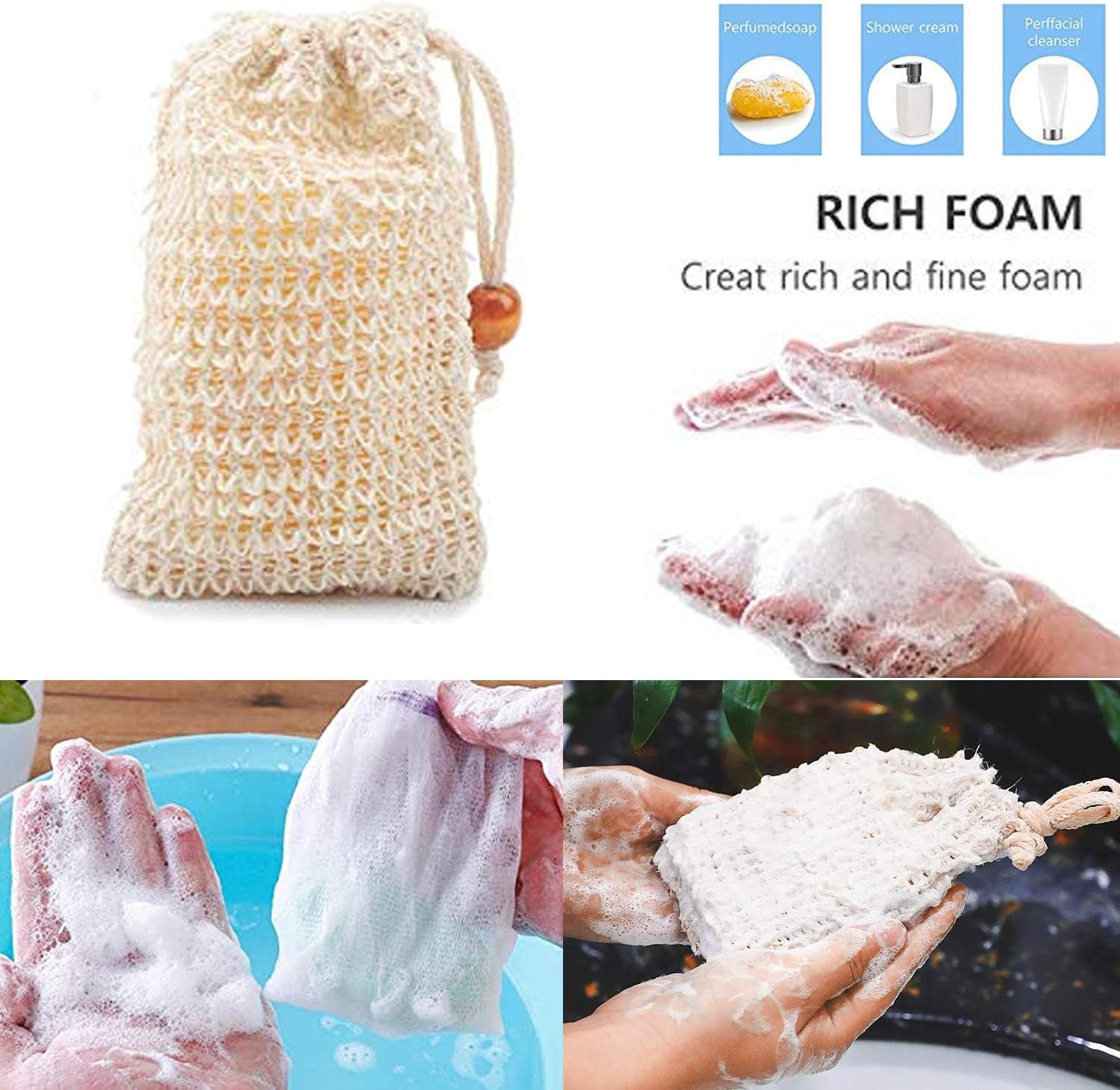 Soap Bag Set, Sisal Soap Bag and Exfoliating Soap Bags Mesh Net Natural Soap Saver Bag with Pouch Holder for Facial Body Cleansing & Foaming Shower Bath (Color Random) image number 3