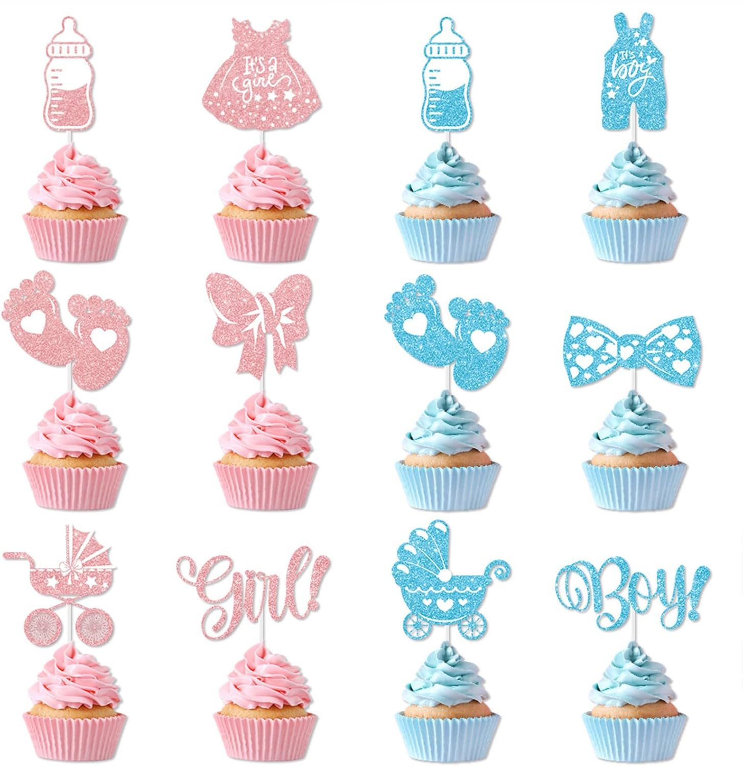 24 Pcs Baby Gender Reveal Cupcake Topper Set; Boy or Girl Themed Party Cake Decorating Props; for Baby Shower Gender Reveal Party Creative Decorations image number 5