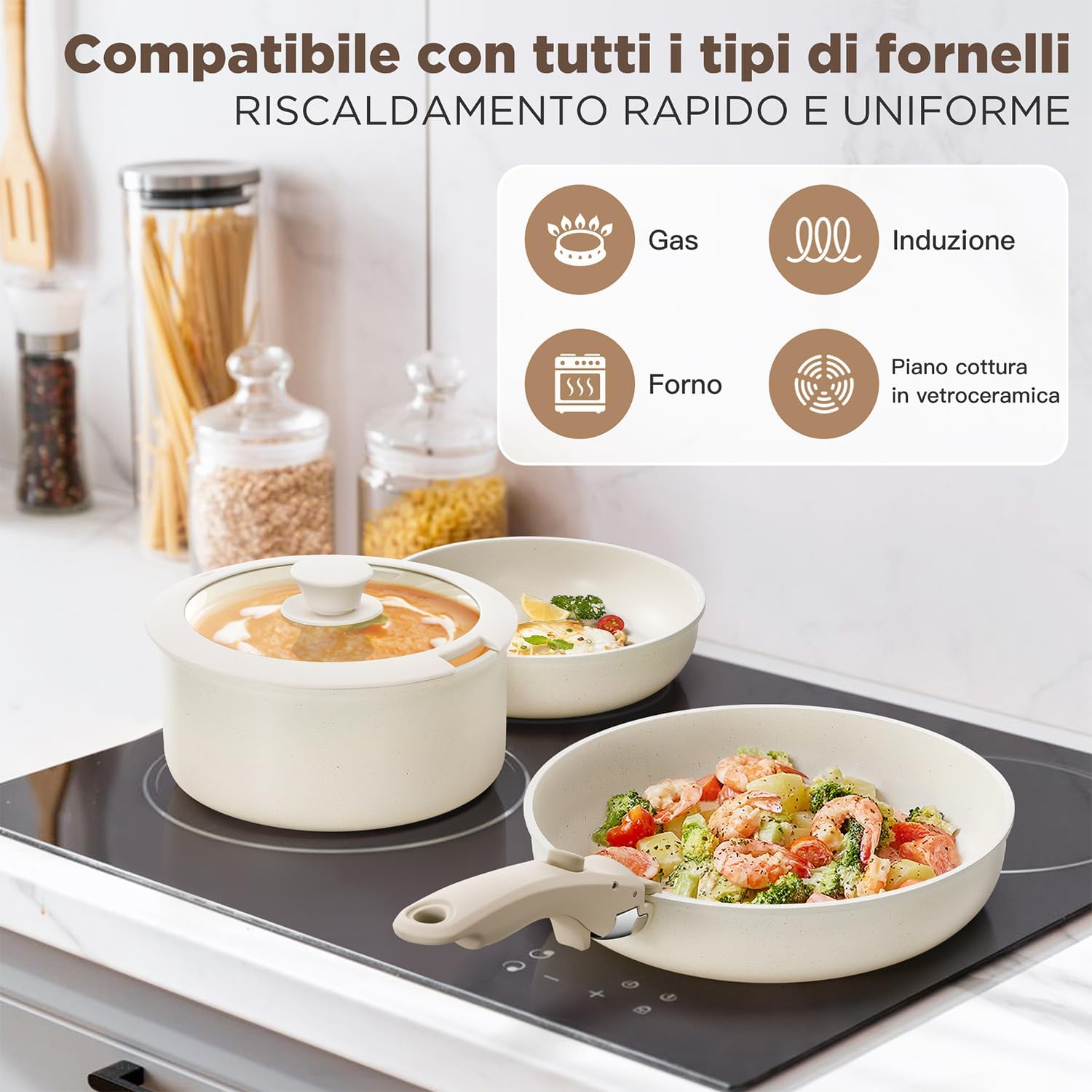 IPOW Pots and Pans Set Non Stick, 15PCS Cookware with Frying Pans & Saucepan, Detachable Handle and Cooking Utensils Set, Oven Safe, Space Saving image number 6