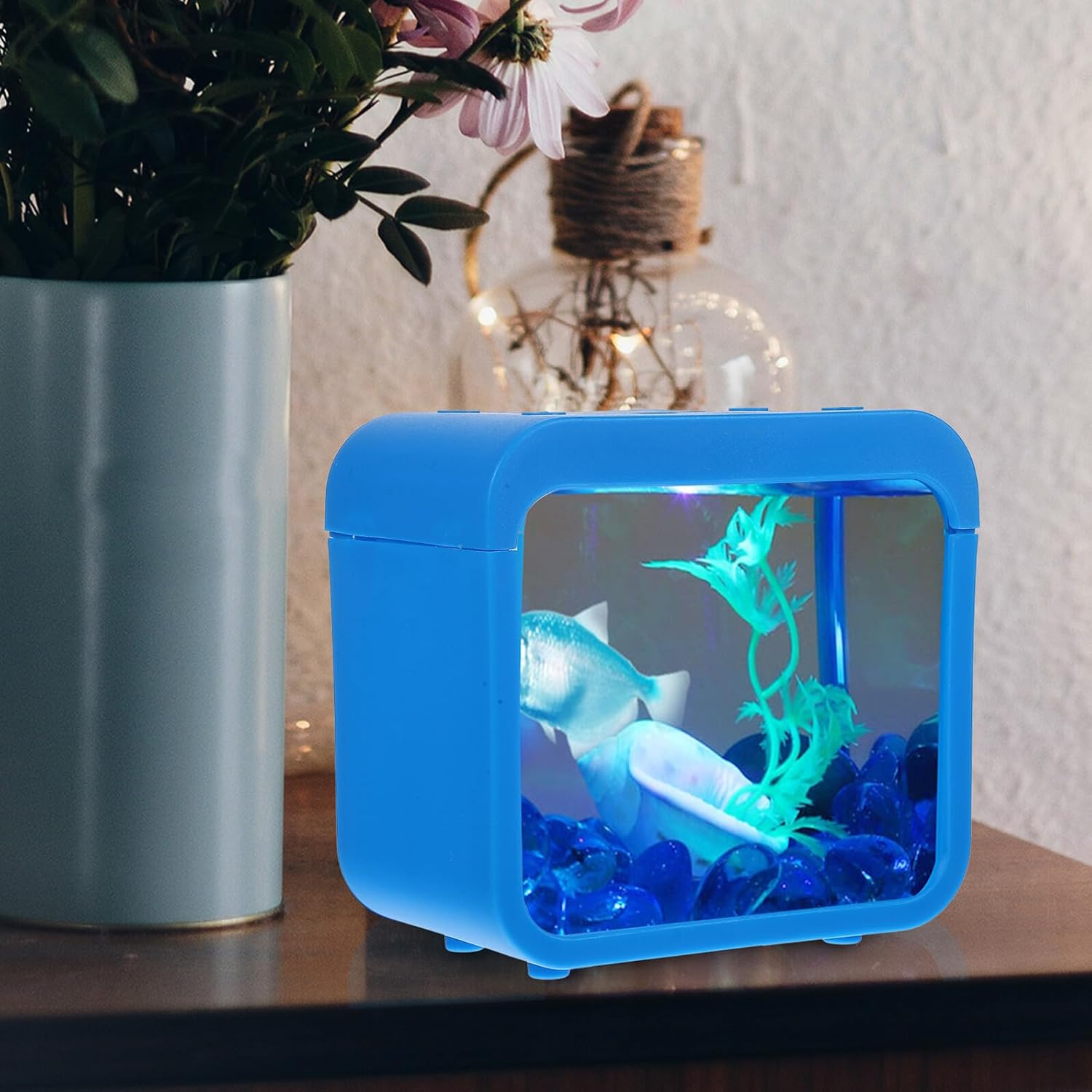UTHCLO Mini Plastic Fish Tank with Light, Detachable Small Aquarium Breeder Box for Desktop Landscaping, Blue Compact Fish Bowl for Aquatic Pets in Home or Office image number 6