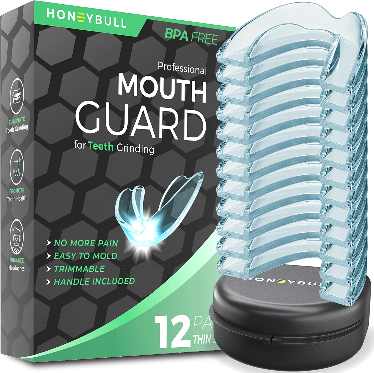 HONEYBULL Mouth Guard for Grinding Teeth [12 Pack] 1 Size for Light Grinding | Comfortable Custom Mold for Clenching at Night, Bruxism, Whitening Tray & Guard image number 5