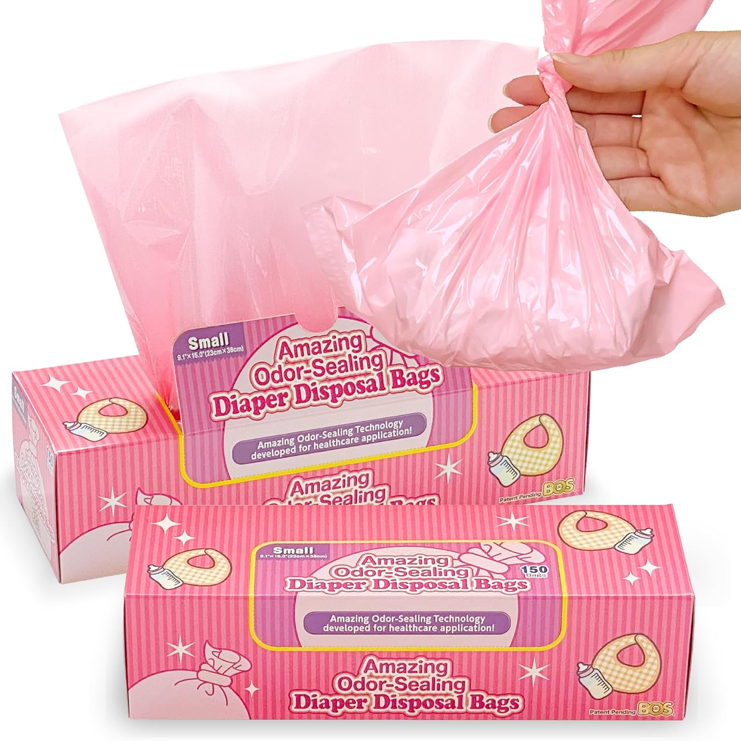 BOS Amazing Odor Sealing Baby Diaper Disposal Bags - Durable and Unscented [Size: S, Color: Pink] (150 Count, Pack of 2) (300 Bags) image number 5