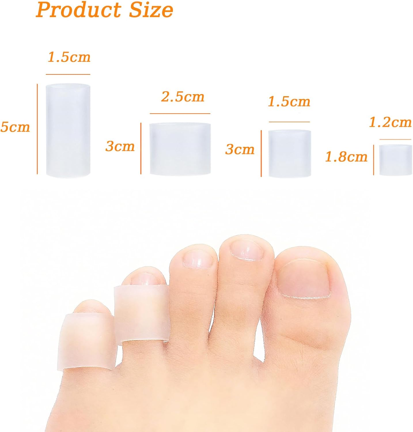 24PCS Silicone Toe Protector Sleeves, Betterjonny 4 Size Soft Gel Corn Toe Cushion Tubes Pads for Women Men Blisters, Bunion, Hammertoes, Calluses, Toenails Loss, Pain Relief (White, Clear, Purple) image number 2