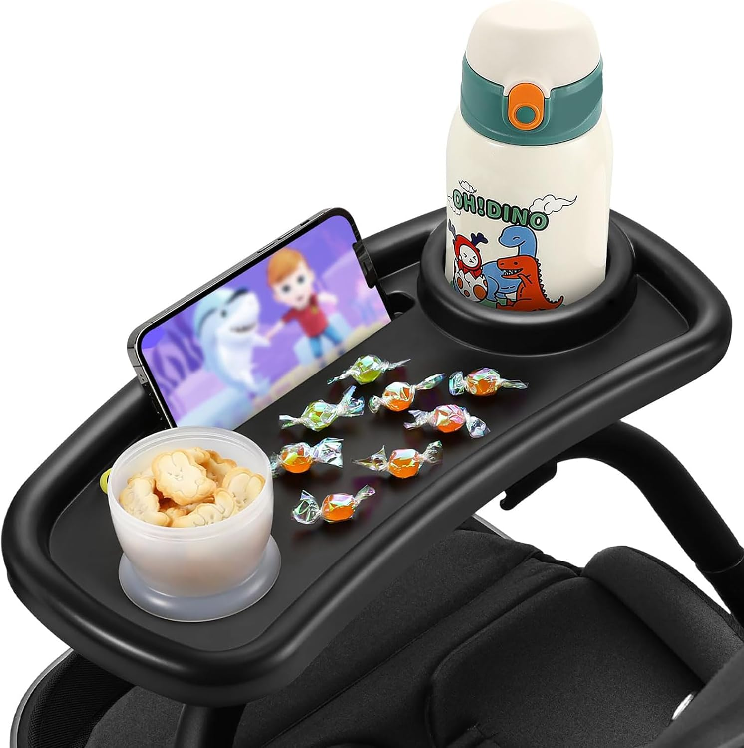 Universal Stroller Snack Tray with Cup Holder Organizer and Phone Holder - 3 in 1 Organizer Rack Accessories, Stable Tray Bumpers for Baby Play and Watch Video image number 4