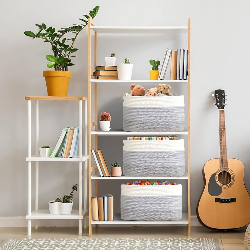 Delsol Cotton Rope Woven Basket, 3 Pack 38X26X23Cm Rectangle Storage Basket with Handle for Living Room, Bathroom, Blanket Clothes Pillows Laundry Hamper, Baby Nursery, Toy Organizer(White & Gray) - Beige image number 7